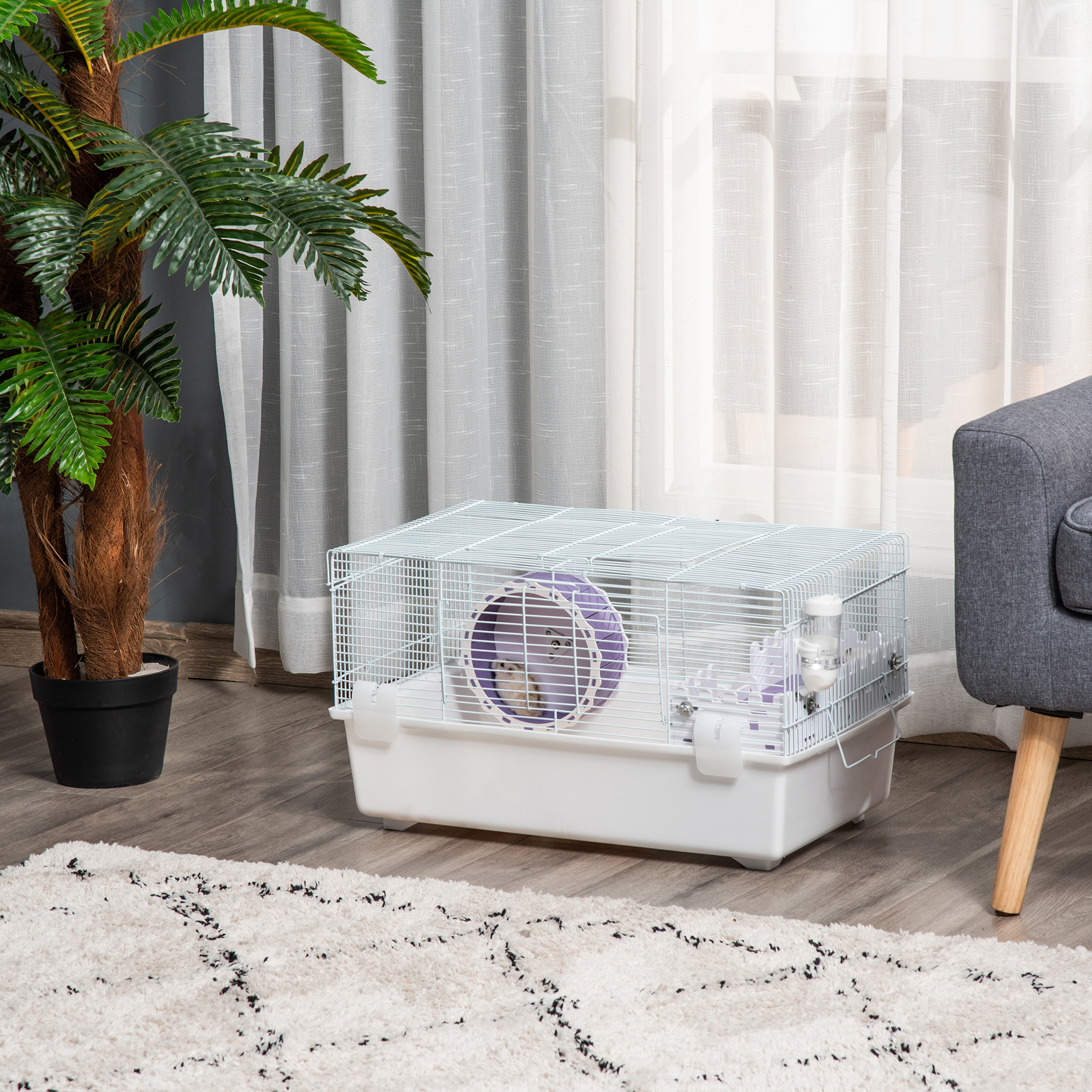 PawHut 2 Tier Hamster Cage, Gerbil Cage with Exercise Wheel, Water Bottle, Ladder, White 2