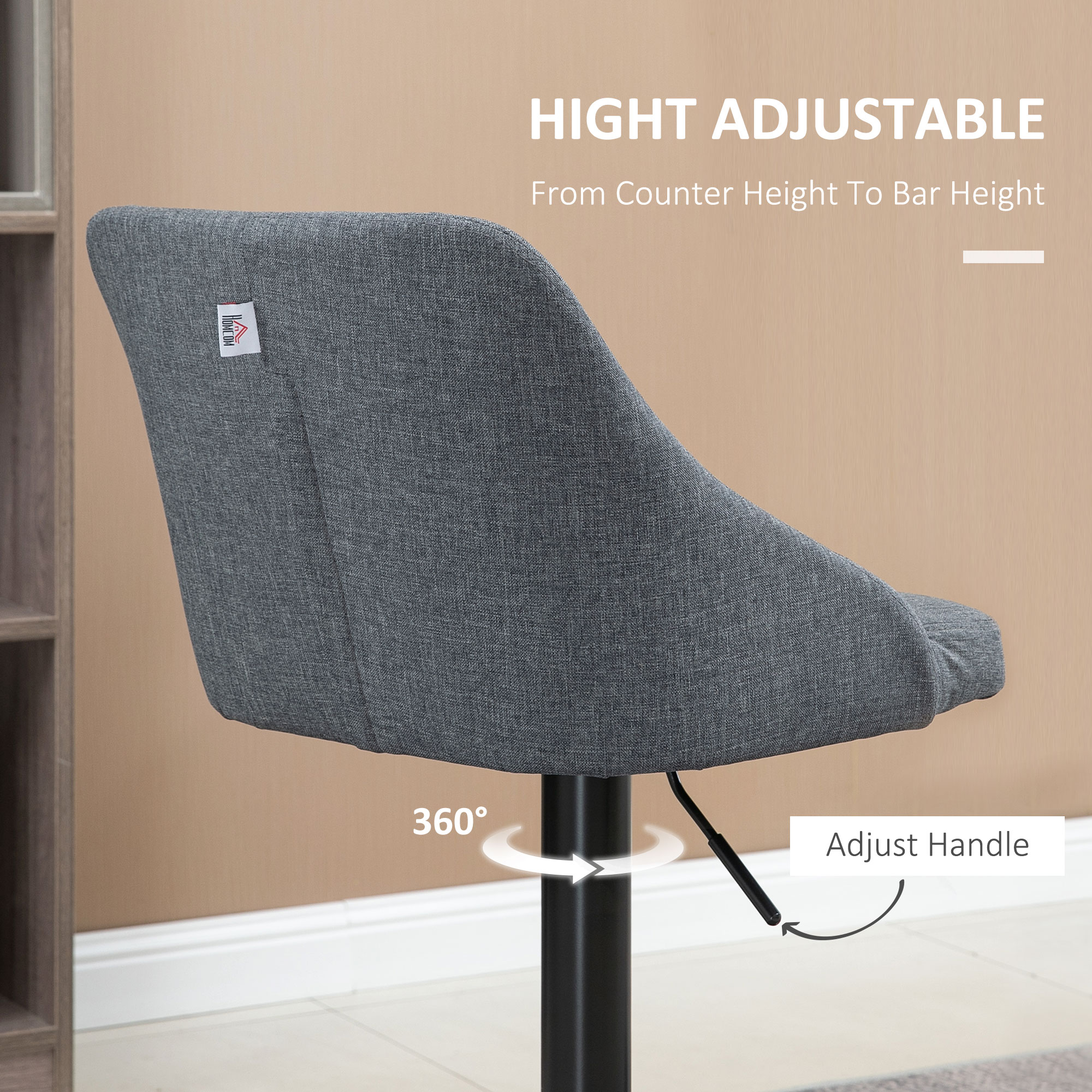 HOMCOM Modern Adjustable Bar Stools Set of 2, Swivel Fabric Barstools with Footrest, Armrests and Back, for Kitchen Counter and Dining Room, Dark Grey 5