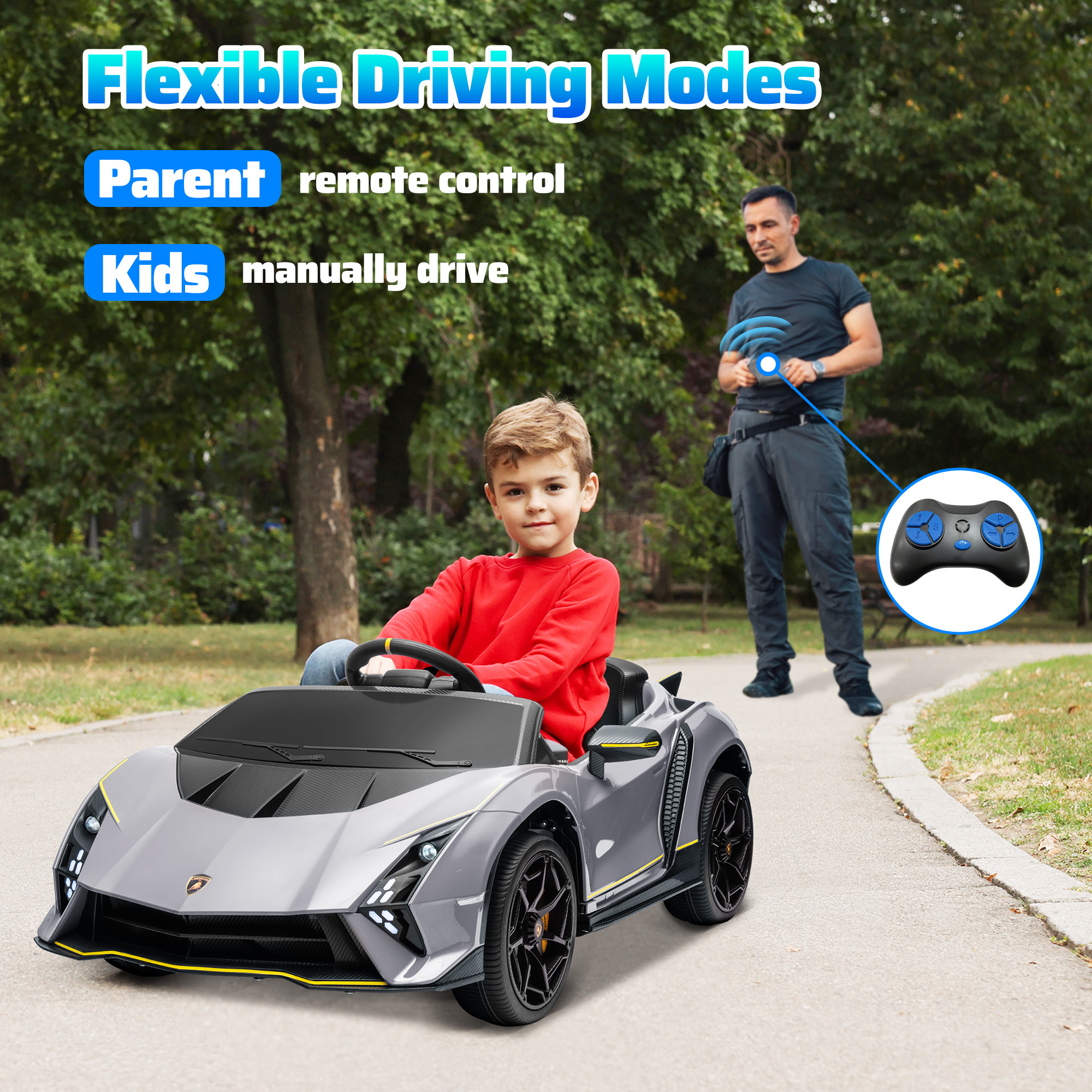 AIYAPLAY 12V Lamborghini Autentica Licensed Kids Electric Car with Remote Control, 4 Suspension Wheels, Soft Start, Grey 6