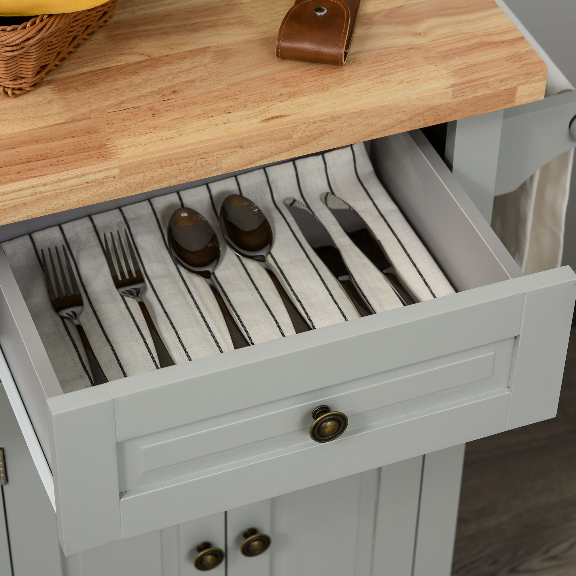 HOMCOM Rolling Kitchen Island Storage Trolley with Rubber Wood Top & Drawers for Dining Room, Grey 8