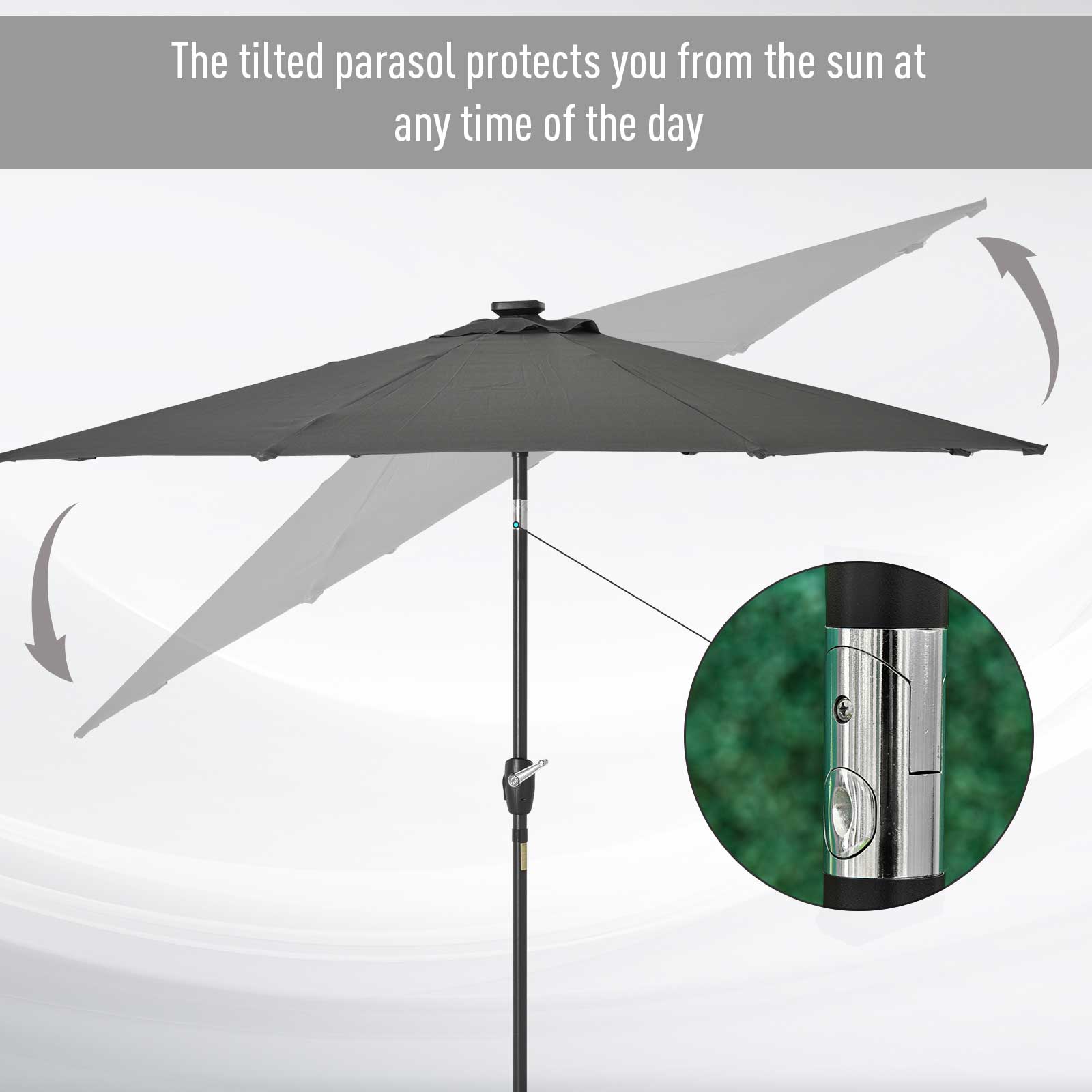Outsunny Φ2.7m Garden 24 LED Light Parasol Solar Outdoor Tilt Sun Umbrella Patio Club Party Event Manual Sun Shade w/ Hand Crank and 8 Ribs, Grey 7