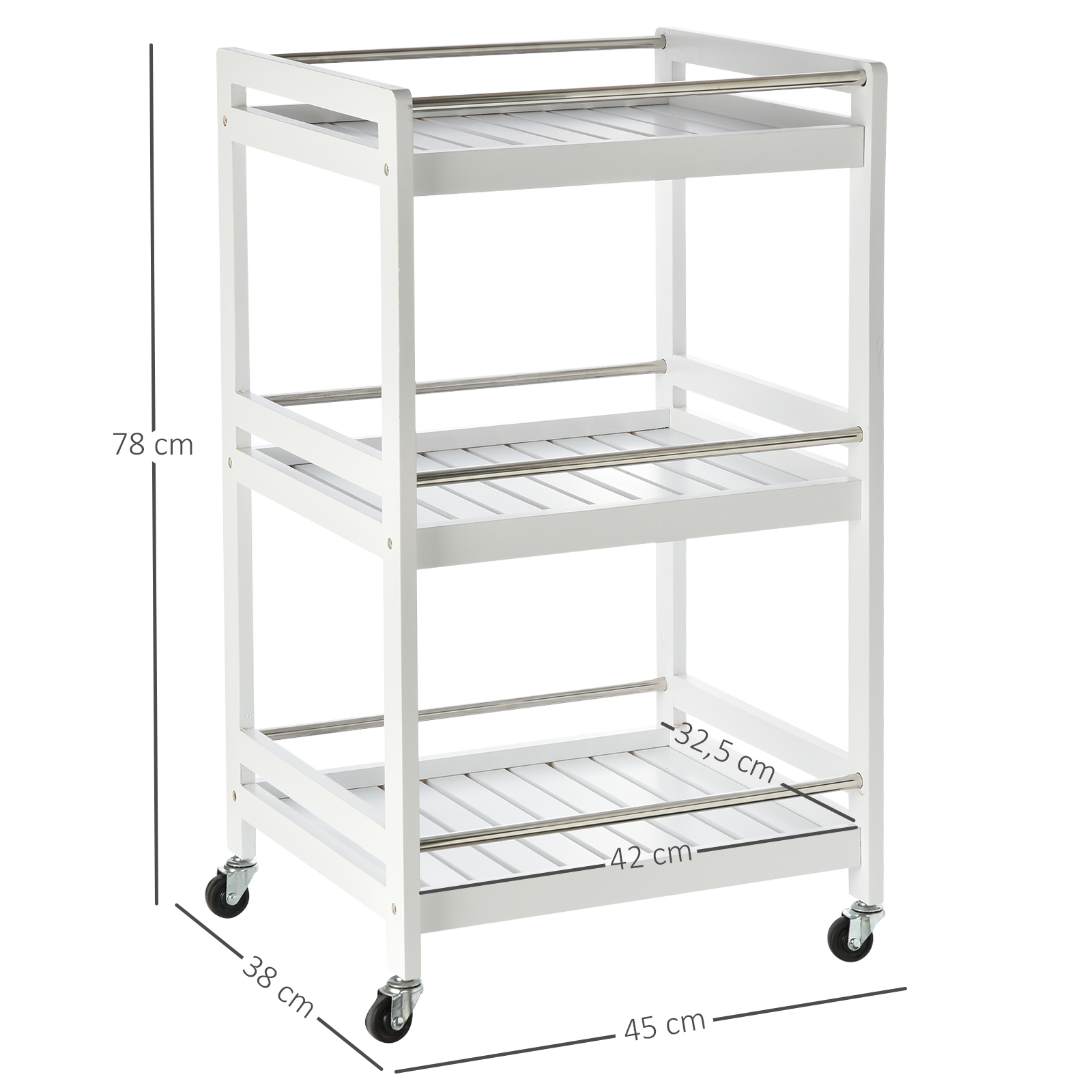 HOMCOM 3-Tier Home Trolley Kitchen Storage Cart w/ Steel Bars 4 Universal Wheels Rolling Unit Organiser Living Room White 3