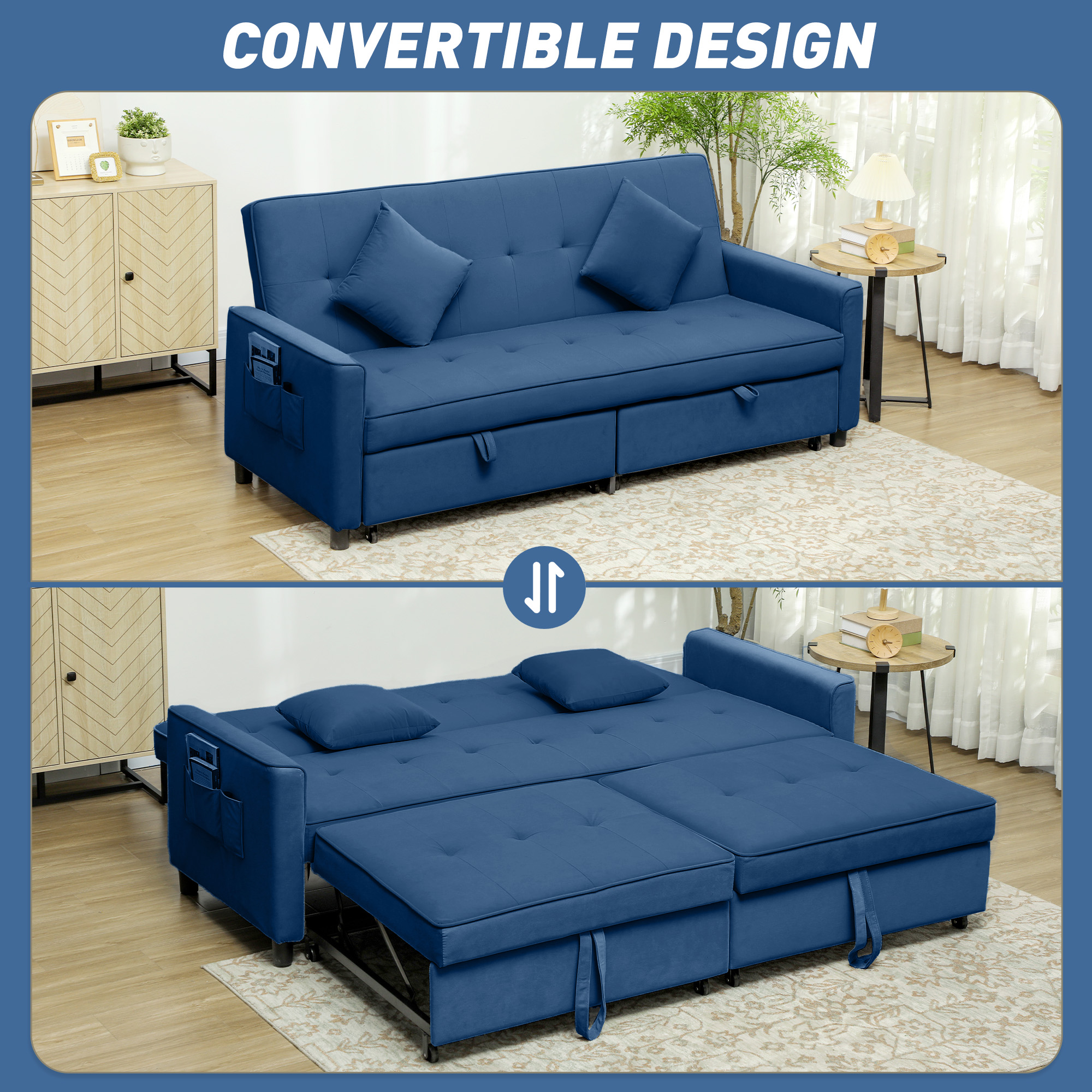 HOMCOM Three-Person Velvet-Feel Sofa Bed Blue 4