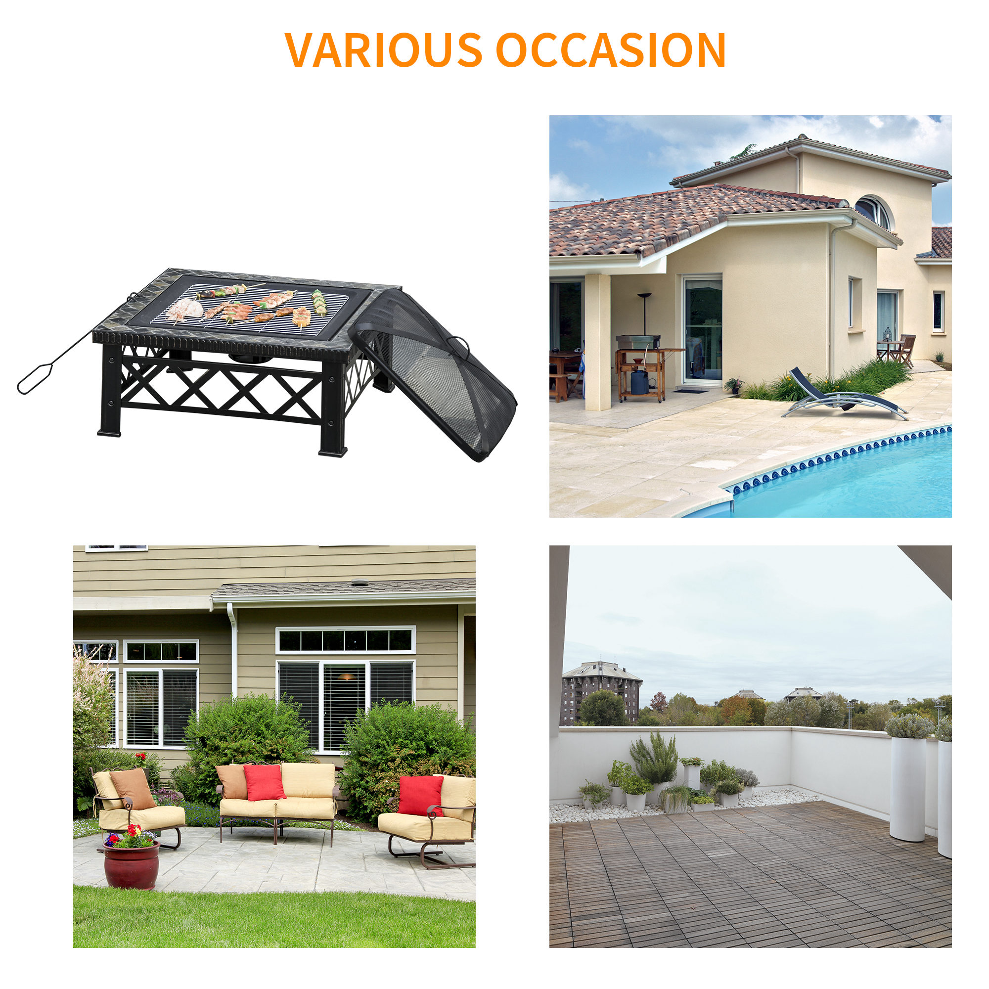 Outsunny Large Outdoor Fire Pit Table, 3 in 1 Square Wood Burning Firepit Metal Brazier, BBQ Grill, Ice Bucket w/ Grill Grate, Log Grate, Lid, Poker for Garden, Camping, Bonfire, 76 x 76 x 47cm, Black 7