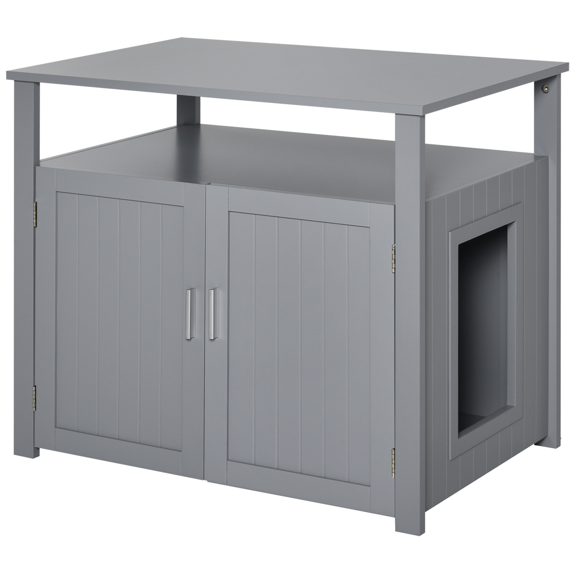 PawHut Wooden Cat Litter Box Enclosure Furniture with Adjustable Interior Wall & Large Tabletop for Nightstand, Grey   Aosom UK