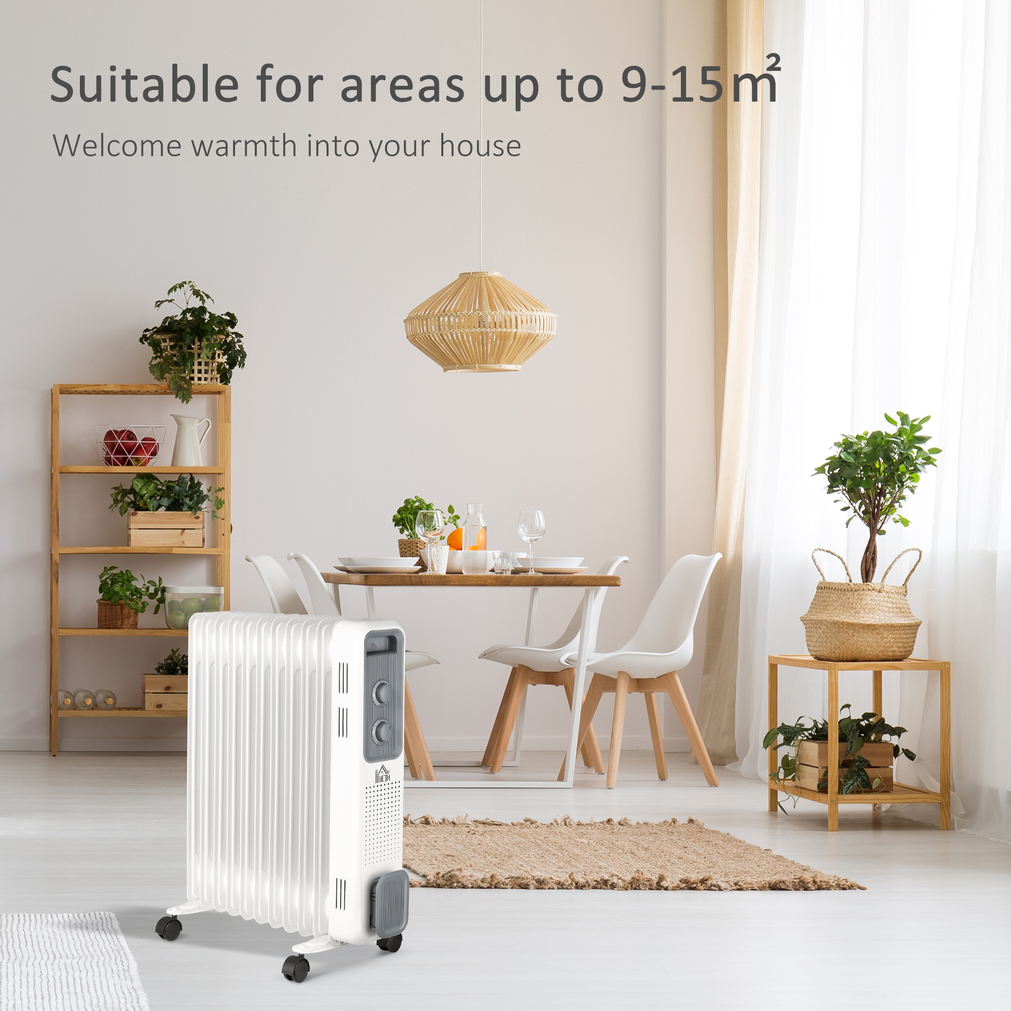 HOMCOM 2500W Oil Filled Radiator, 11 Fin, Portable Electric Heater with 3 Heat Settings, Safety Cut-Off and Wheels, White 7