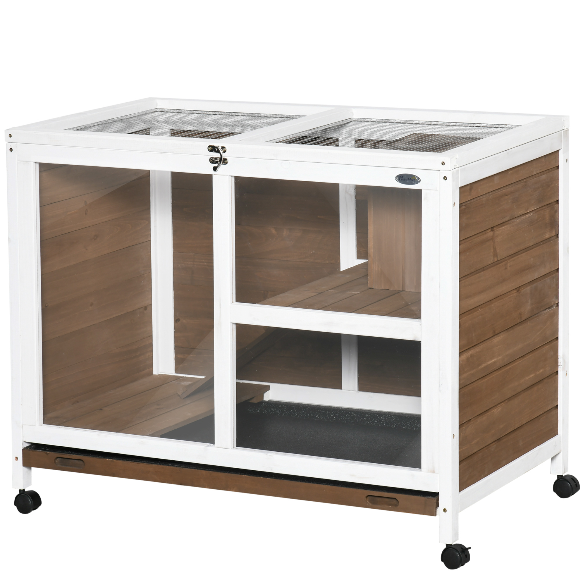 Comparer les prix de PawHut Cage à lapin clapier sur roulettes petit enclos aninaux en bois massif 2 étages toit ouvrant 91,5 x 53,3 x 73 cm marron