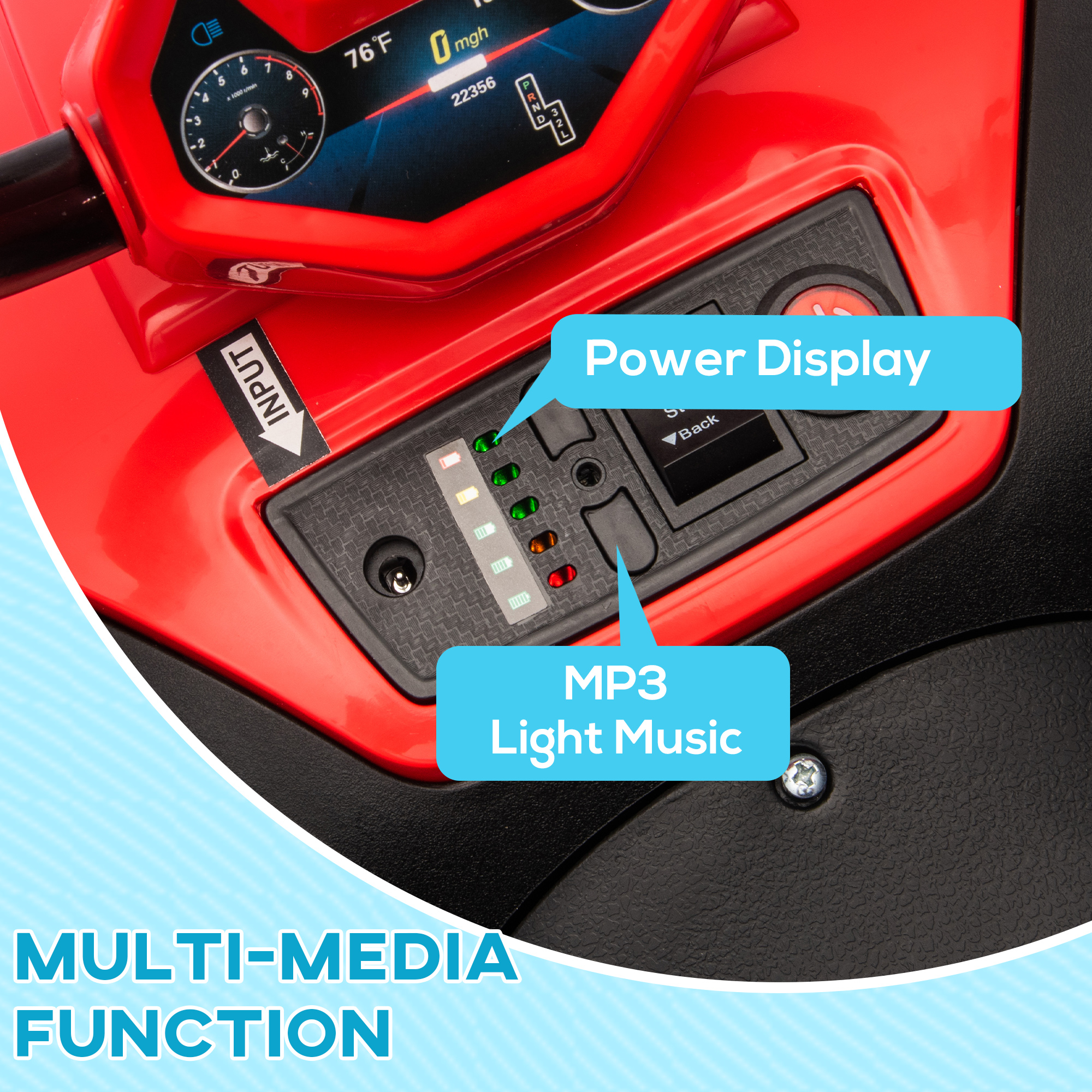 AIYAPLAY 12V Kids Electric Quad Bike w/ Spring Suspension System, Forward, Backward, LED Light, Music, MP3, Red 7