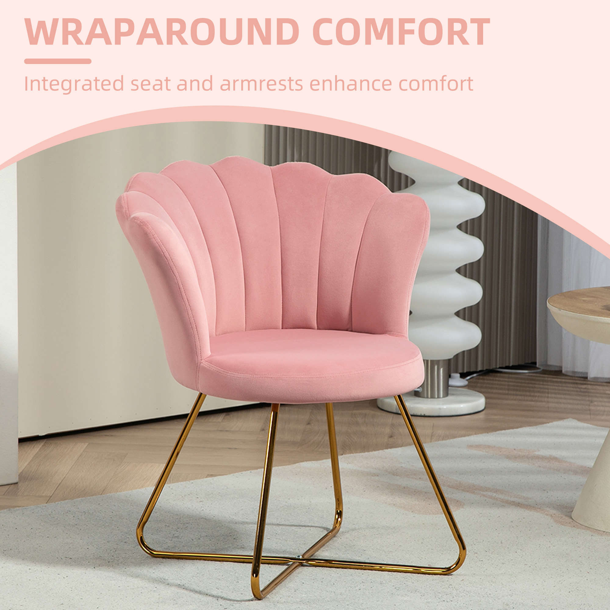 HOMCOM Velvet-Feel Lotus Petal Accent Chair Pink 4