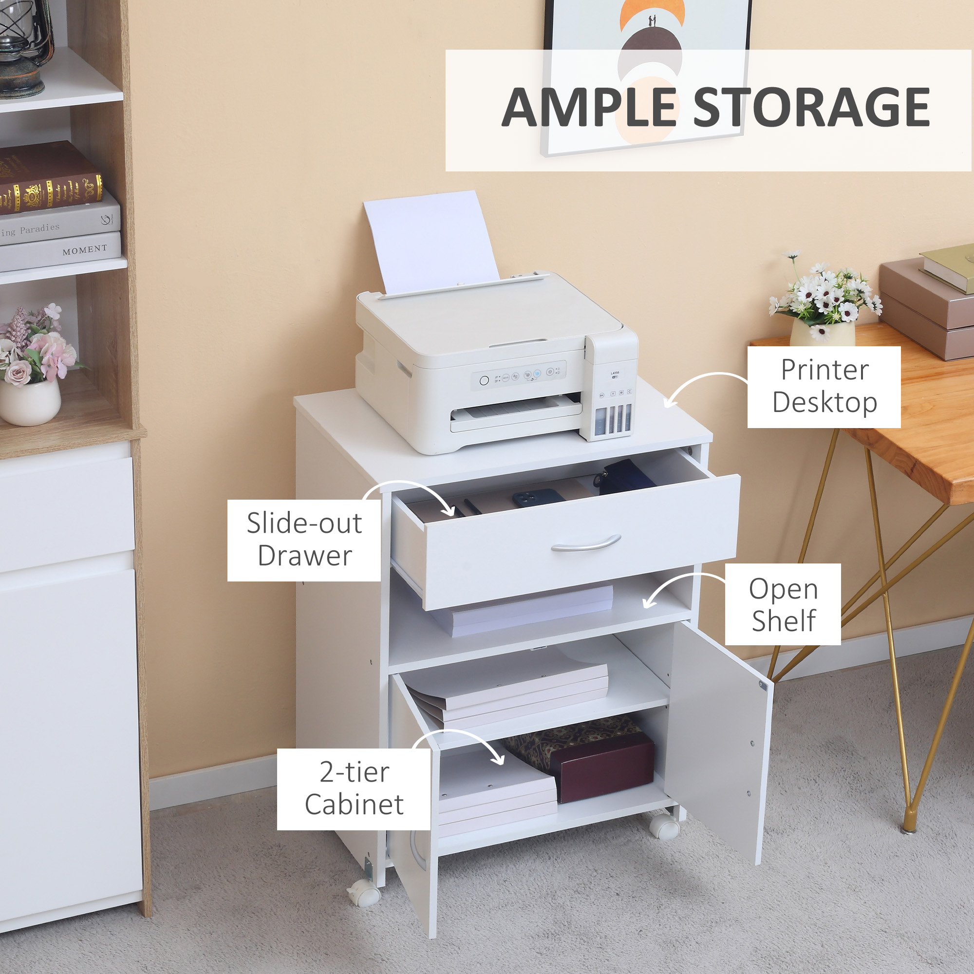 Vinsetto Printer Stand Mobile Printer Cabinet with Storage, Open Shelf, Drawer for Home Office, 60cm x 39cm x 80cm, White 4