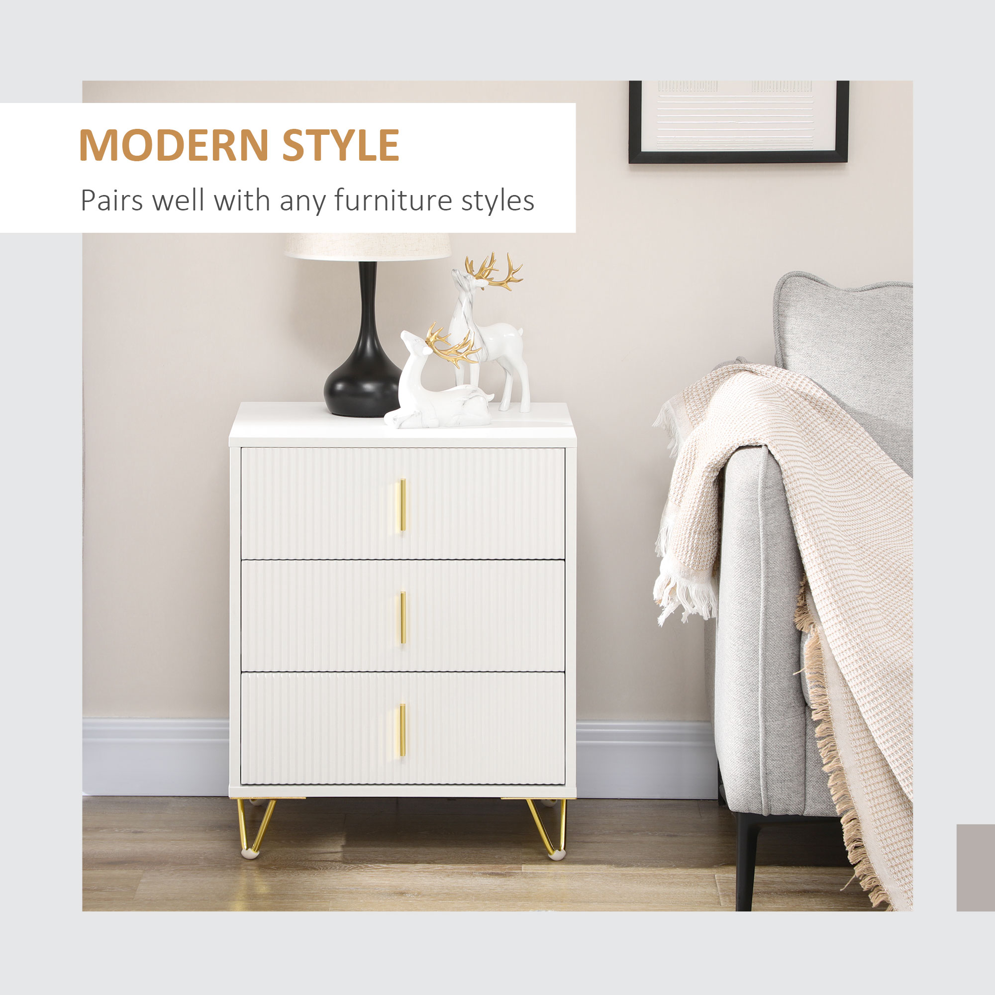 HOMCOM Elegant Chest of Three Drawers White/Gold-Tone 4