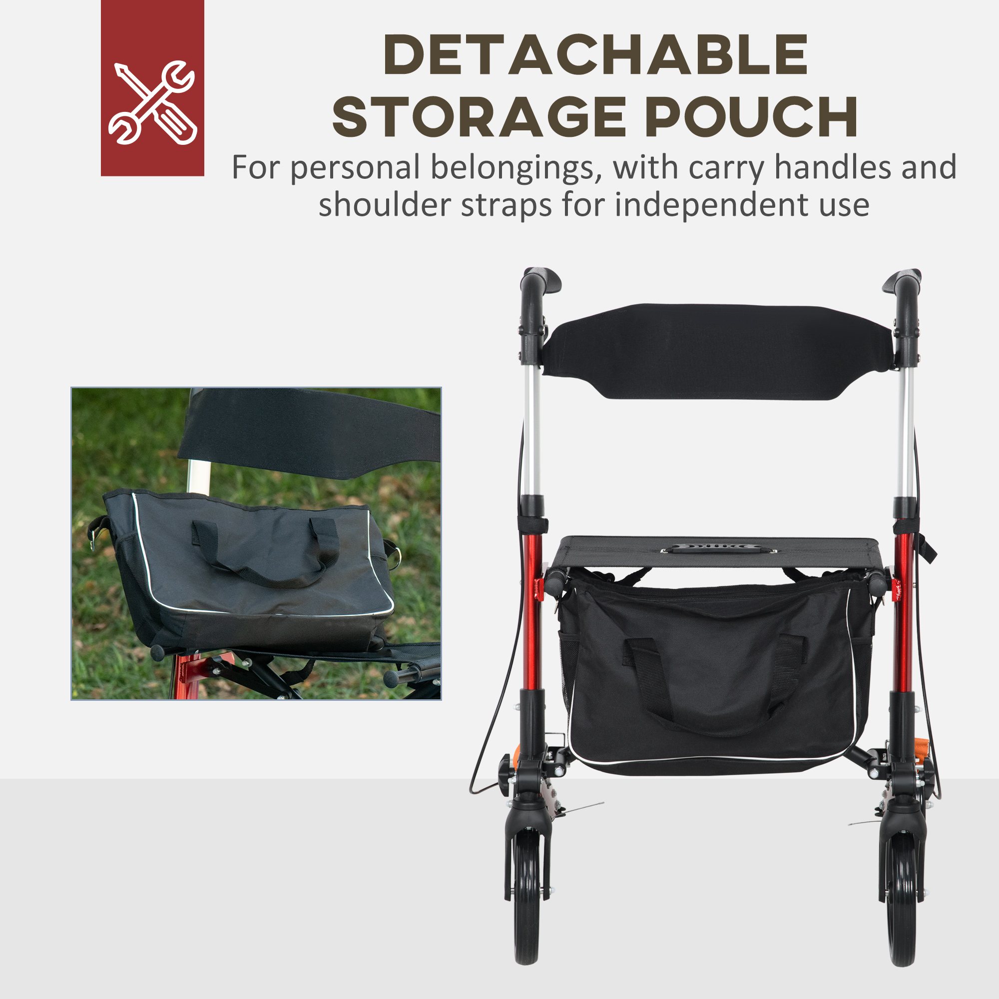 HOMCOM Folding Rollator Walker with Seat and Backrest, Lightweight Walking Frame with Detachable Storage Bag, Dual Brakes, Adjustable Handle Height, 4 Wheeled Walker for Seniors, Handicapped, Red 6