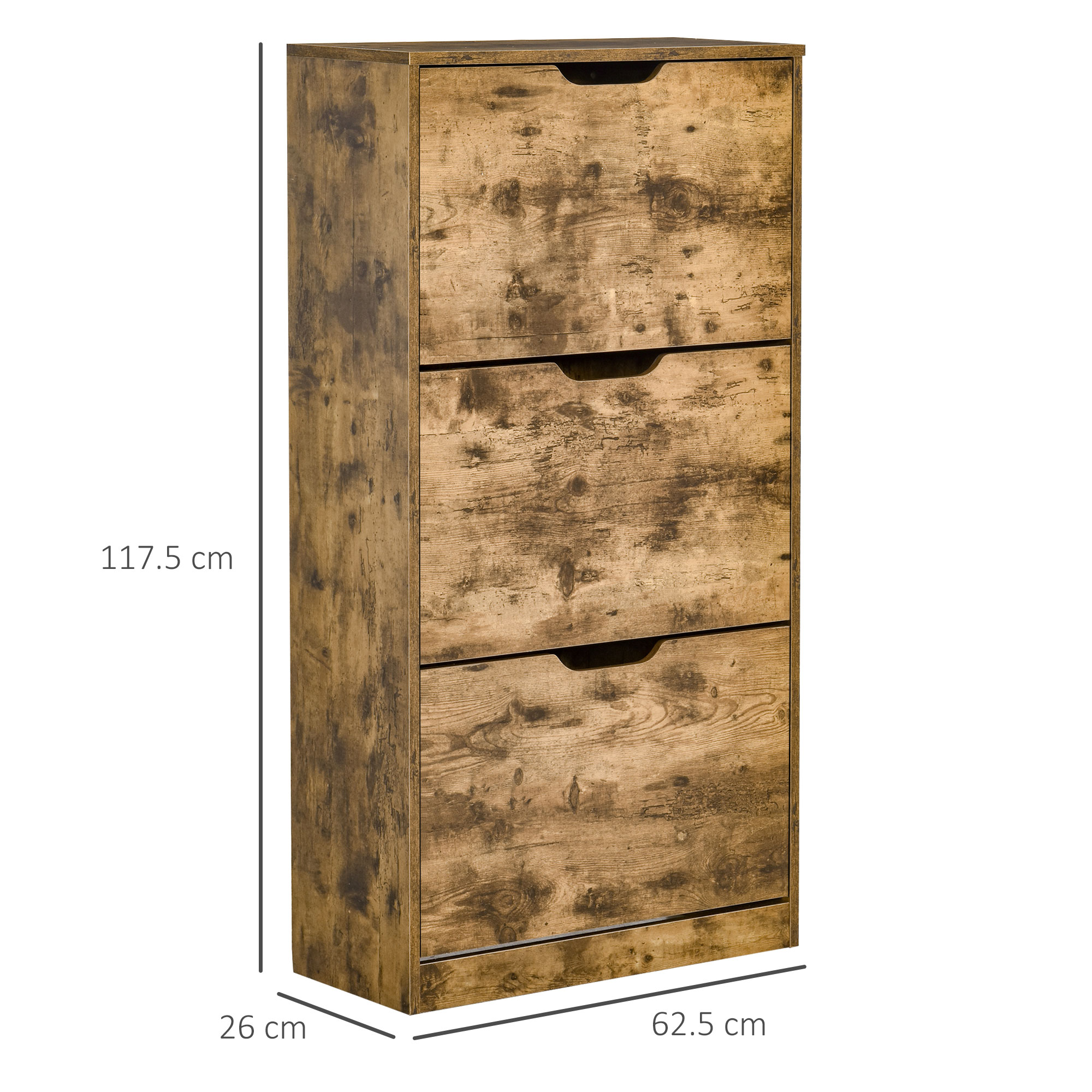HOMCOM Industrial Shoe Cabinet with 3 Flip Drawers, Narrow Shoe Storage Cabinet for 18 Pairs, Freestanding Slim Shoe Storage Organiser for Entryway, Hallway, Rustic Brown 3