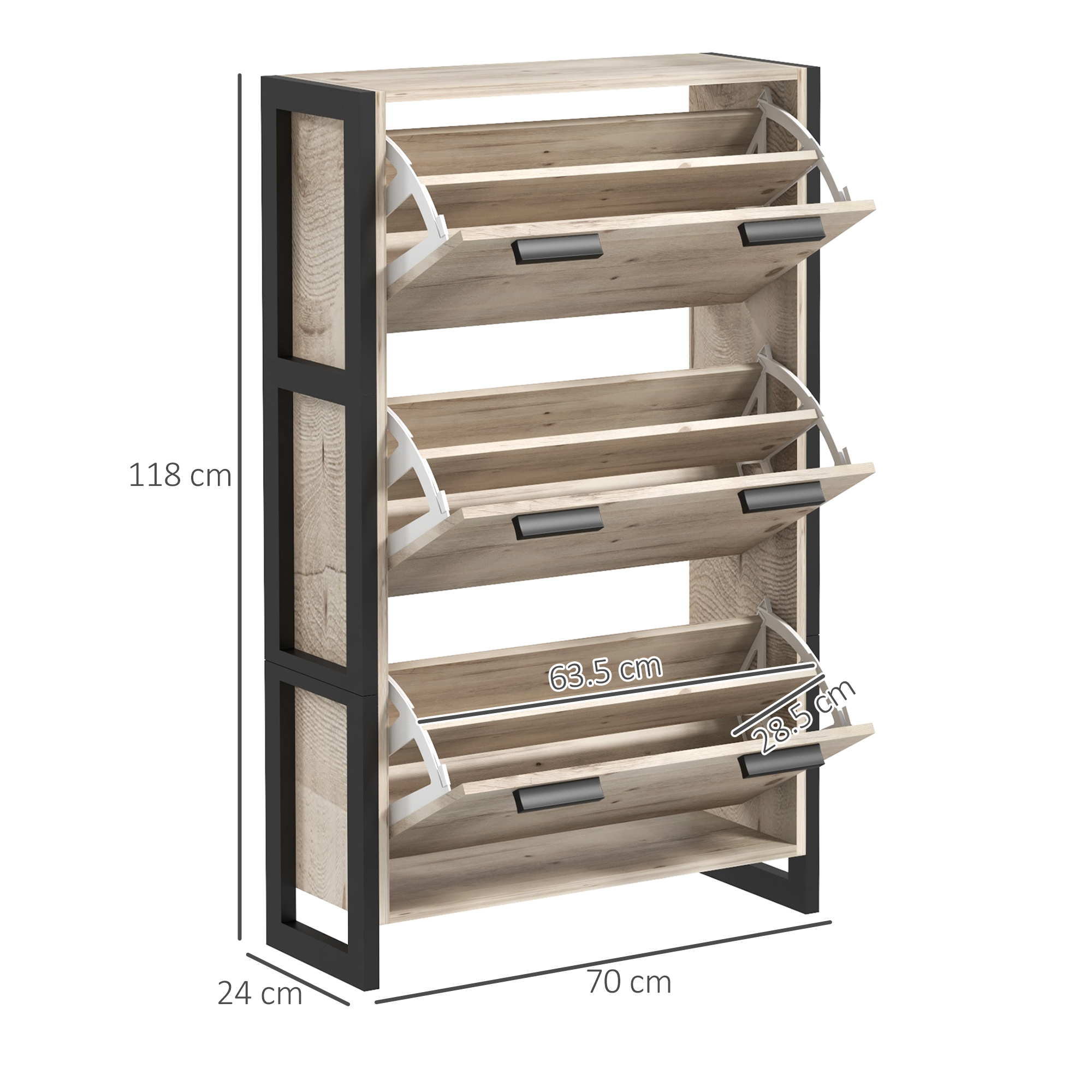 HOMCOM Shoe Storage Cabinet with 3 Flip Drawers Adjustable Shelf 18 Pairs Narrow Shoe Cupboard for Entryway Natural Wood-effect 3