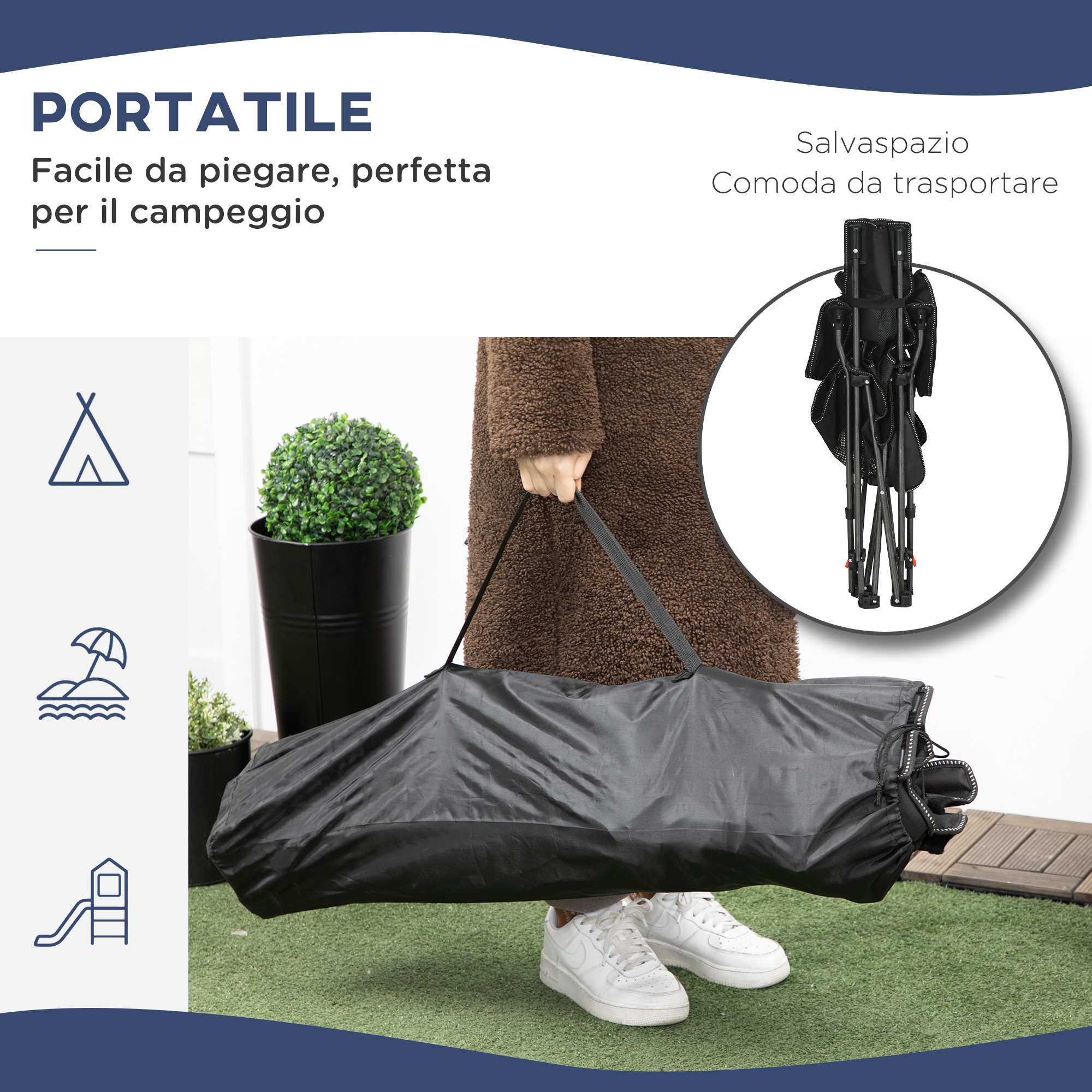 Sedia Da Campeggio Doppia Pieghevole Outsunny 2 Posti - Acciaio E Tessuto Oxford, 108x65x73 Cm, Nero
