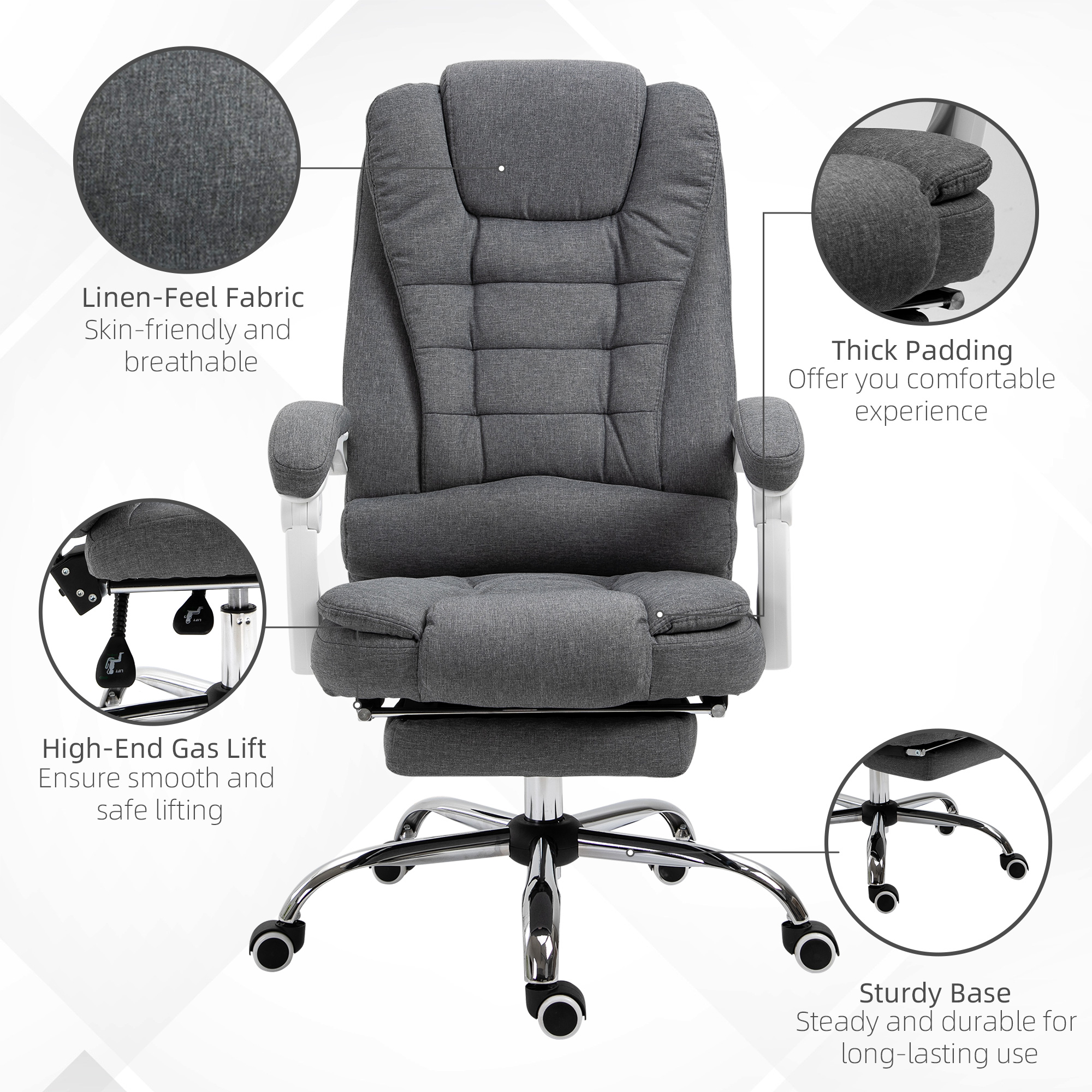 Vinsetto Office Chair, Computer Desk Chair, Linen Fabric Swivel Rolling Task Chair with Large Soft Padded Cushion, 135° Reclining Backrest and Retractable Footrest, Grey 4