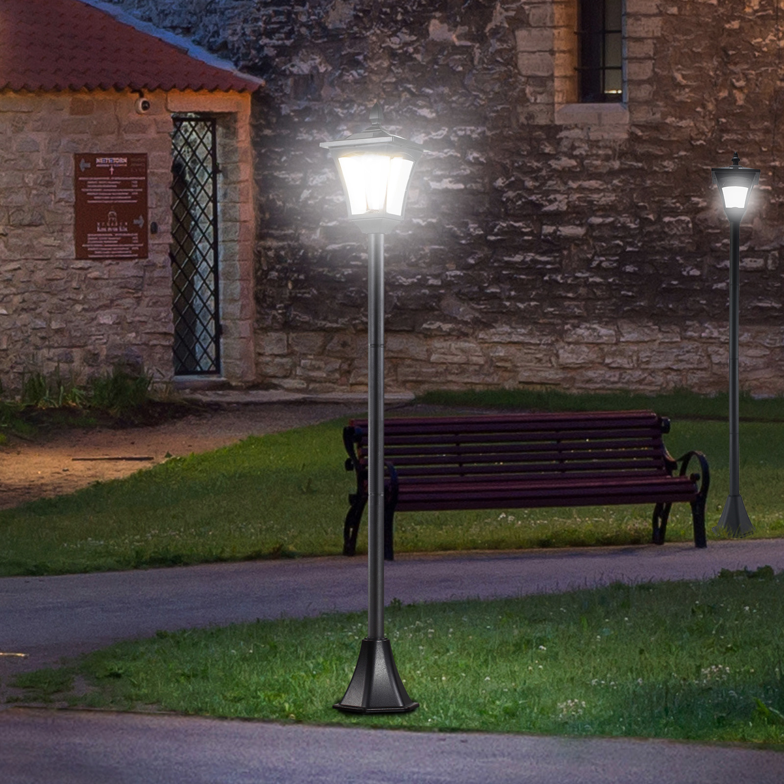 Outsunny Set of 2 Outdoor Garden Solar Post Lamp Sensor Dimmable LED Lantern Bollard IP44 Energy-saving 1.2M Tall, Black