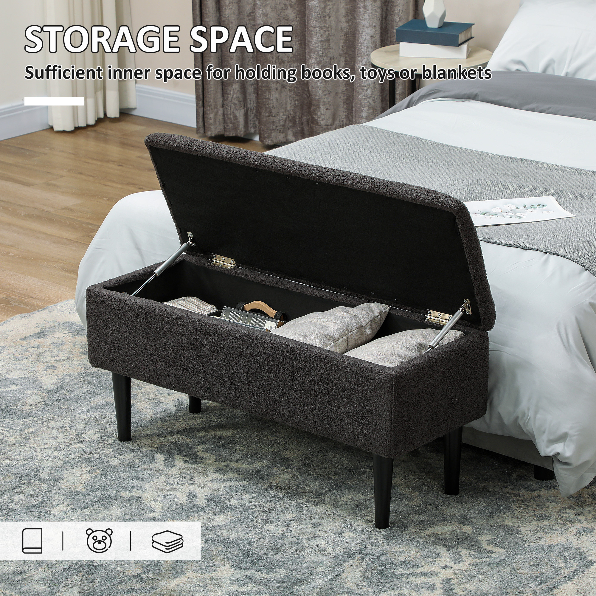 HOMCOM 57L Teddy Fleece Storage Ottoman Dark Grey 4