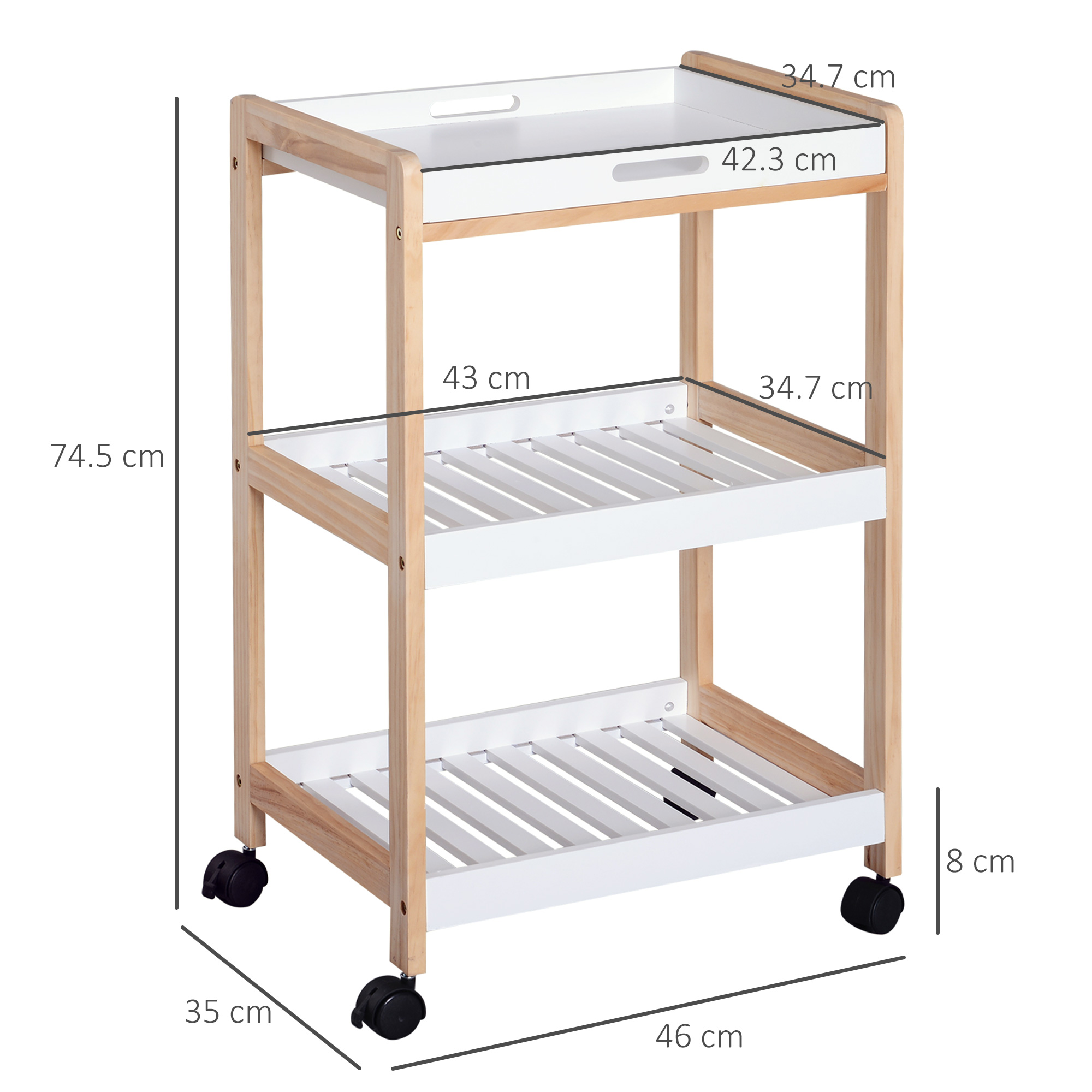 HOMCOM 3-Tier Mobile Kitchen Trolley Cart Storage Shelves Rack Rolling Wheels White 46 x 35 x 74.5 cm 3