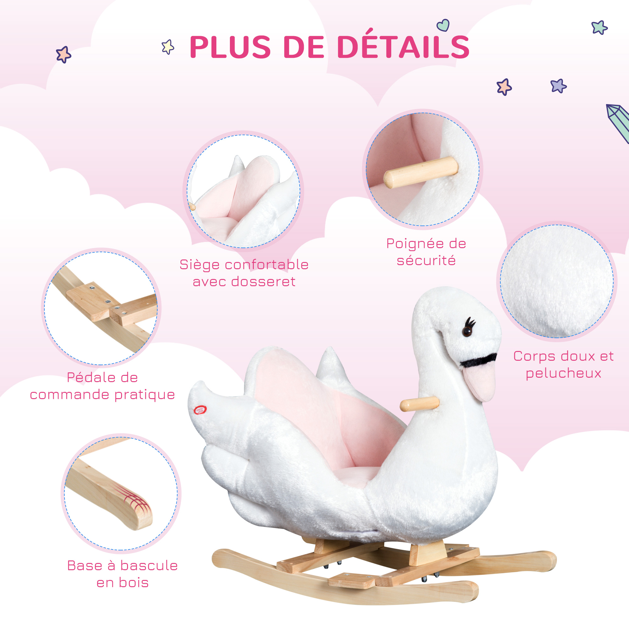 Fauteuil à Bascule Enfant Cygne 60cm Blanc & Gris