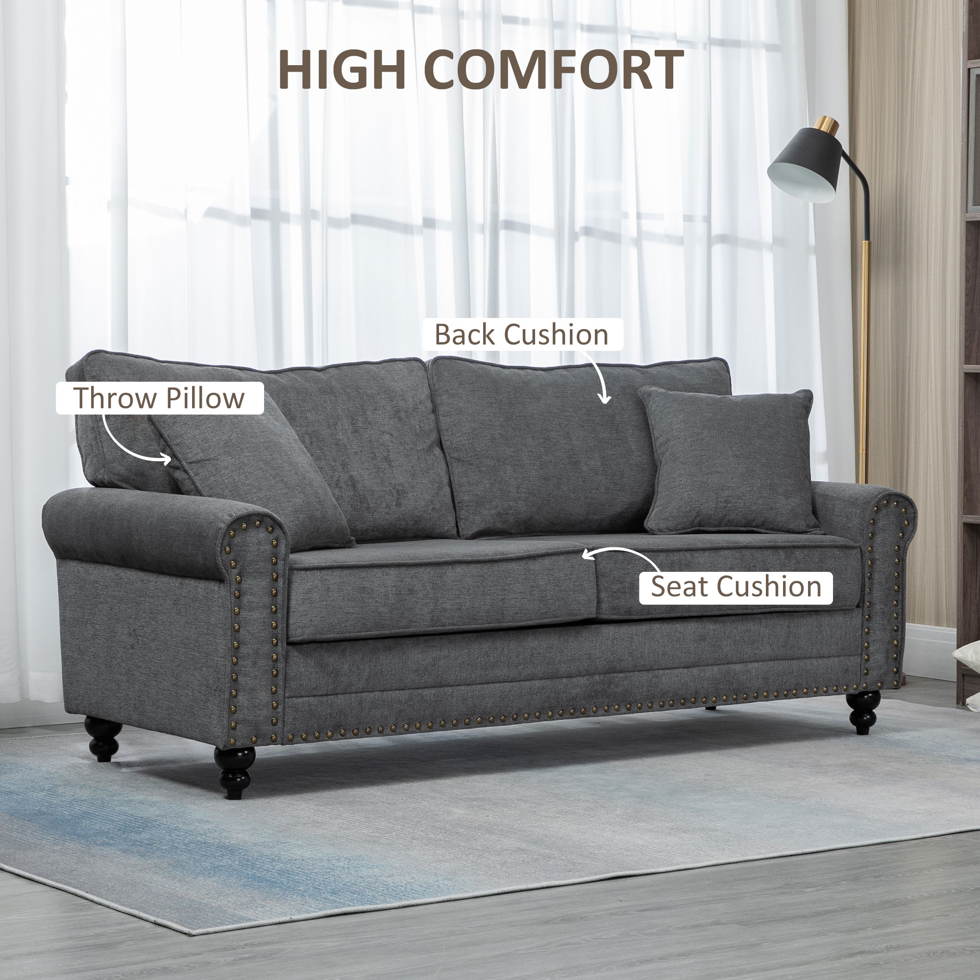 HOMCOM 196cm 3 Seater Sofa, Fabric Sofa with Rubber Wood Legs, Nailhead Trim, 2 Pillows, Small Upholstered Couch Settee for Living Room, Guest Room, Grey 4