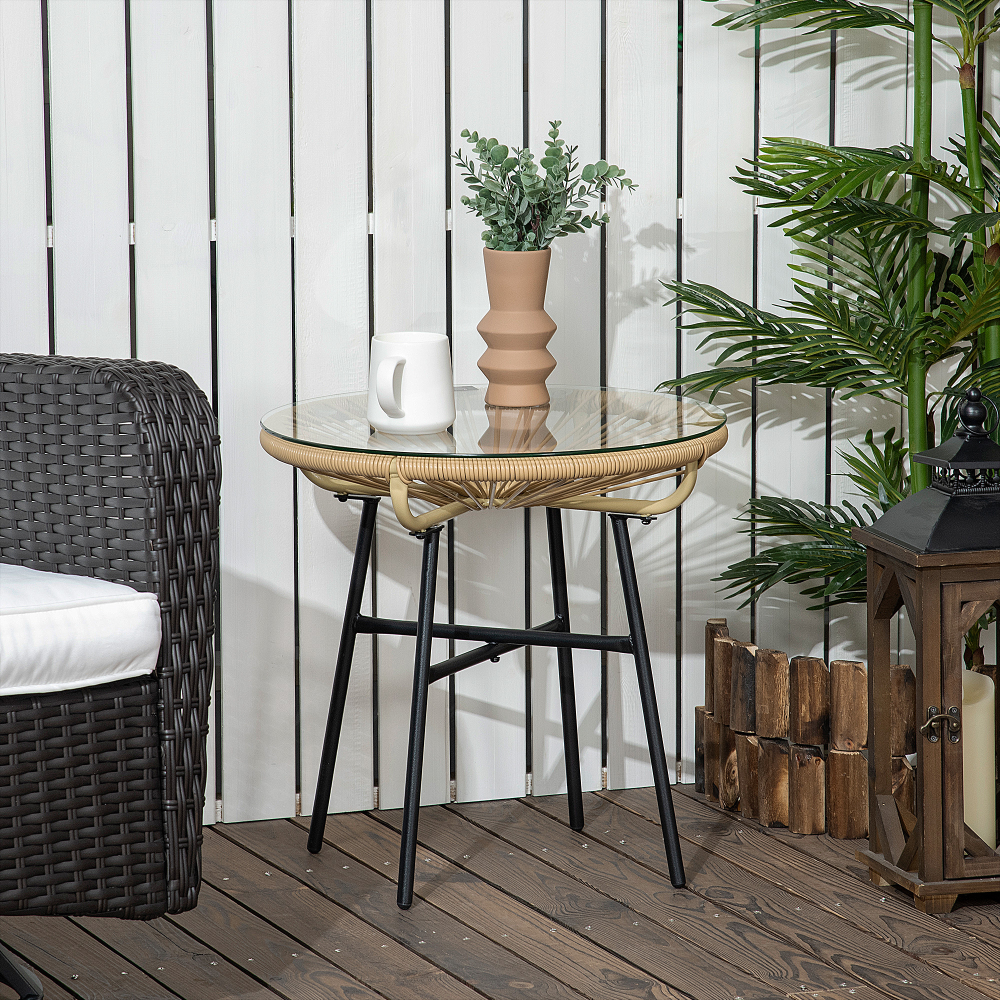 Outsunny Rattan Side Table, Round Outdoor Coffee Table, with Round PE Rattan and Tempered Glass Tabletop for Patio, Garden, Balcony, Beige 2