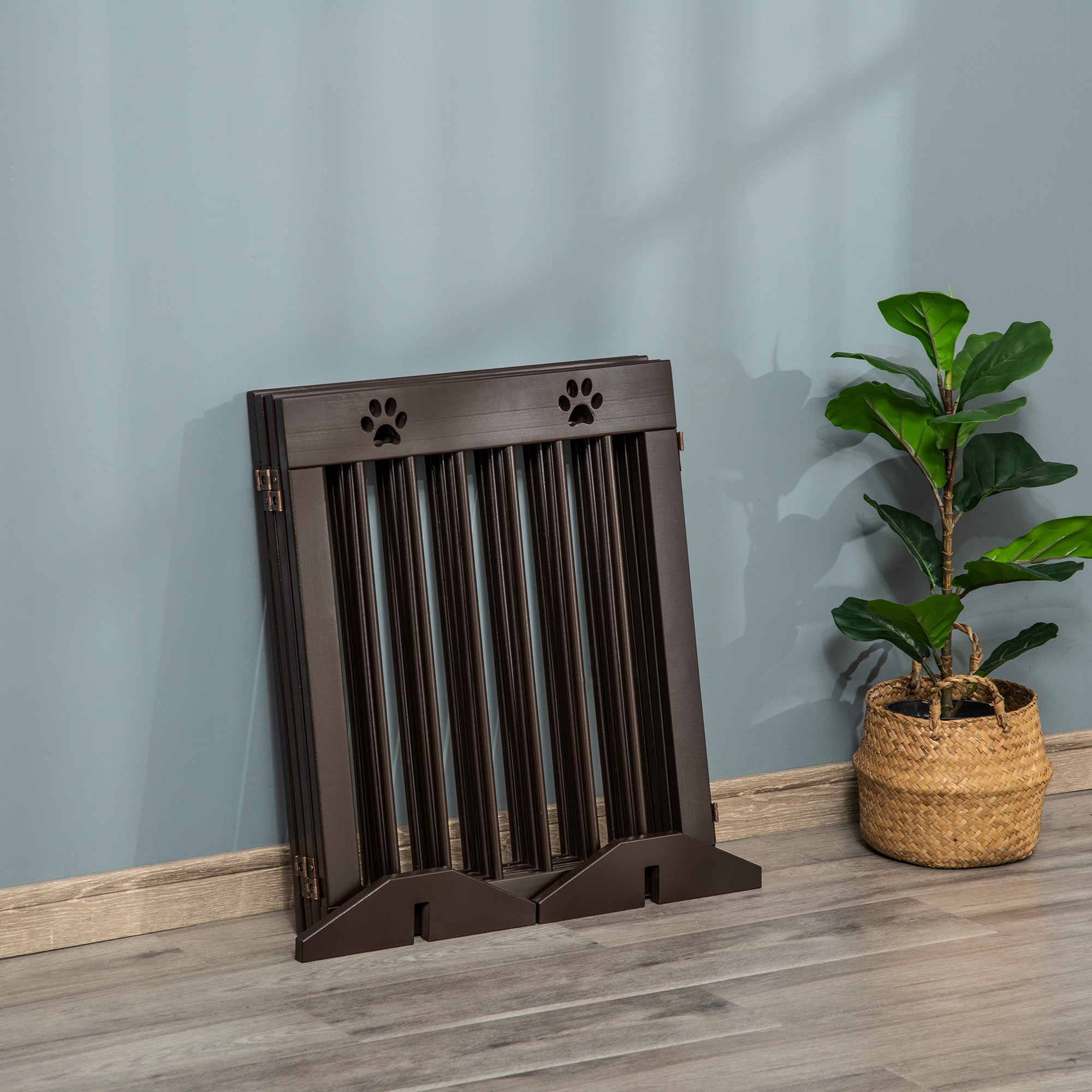 PawHut Freestanding Pet Gate 4 Panel Wooden Dog Barrier Folding Safety Fence with Support Feet up to 204cm Long 61cm Tall for Doorway Stairs Brown 9