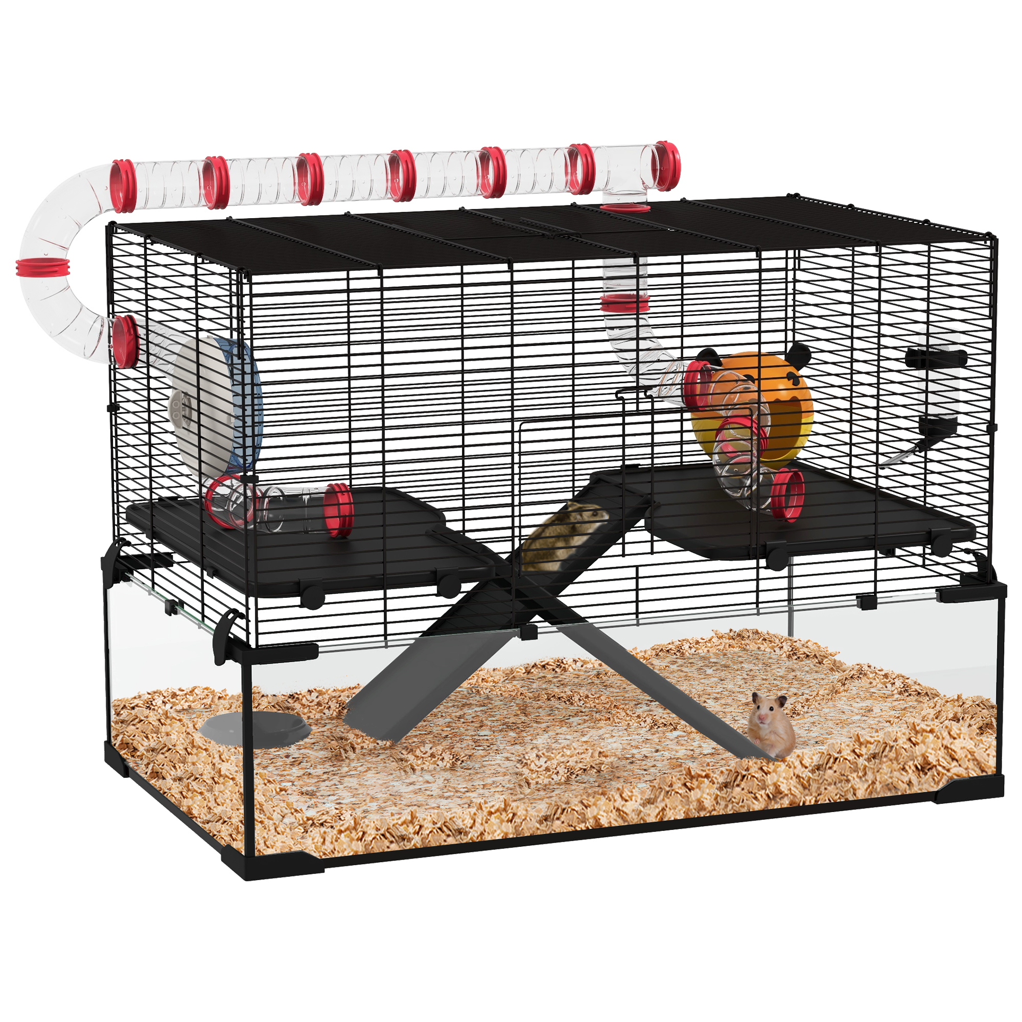 PawHut Gerbil Cage Dwarf Hamster Cage, with Deep Glass Bottom, Tunnels, Hut, Exercise Wheel, 60 x 40 x 57cm