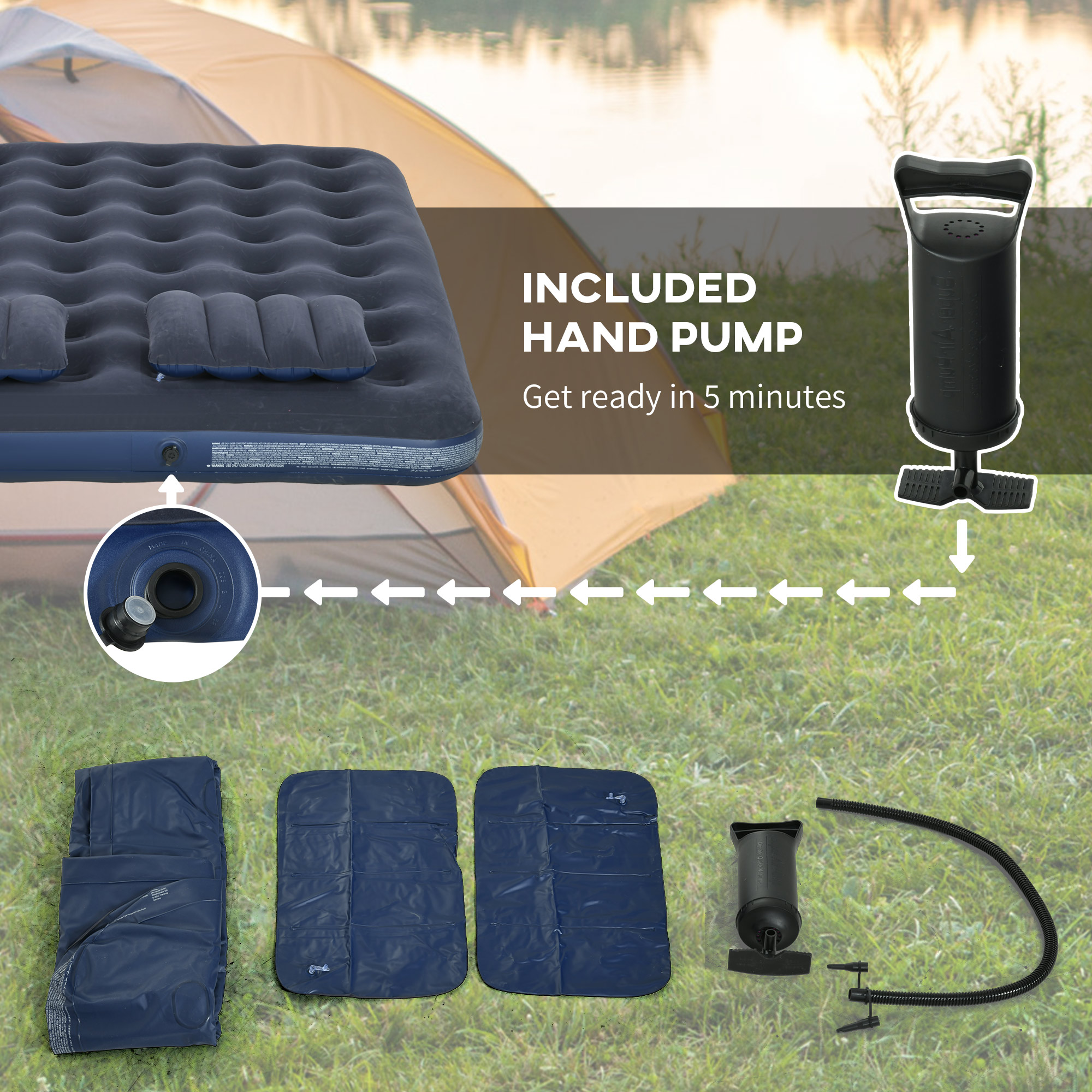 Outsunny Inflatable Double Air Bed, with Hand Pump Blue 5