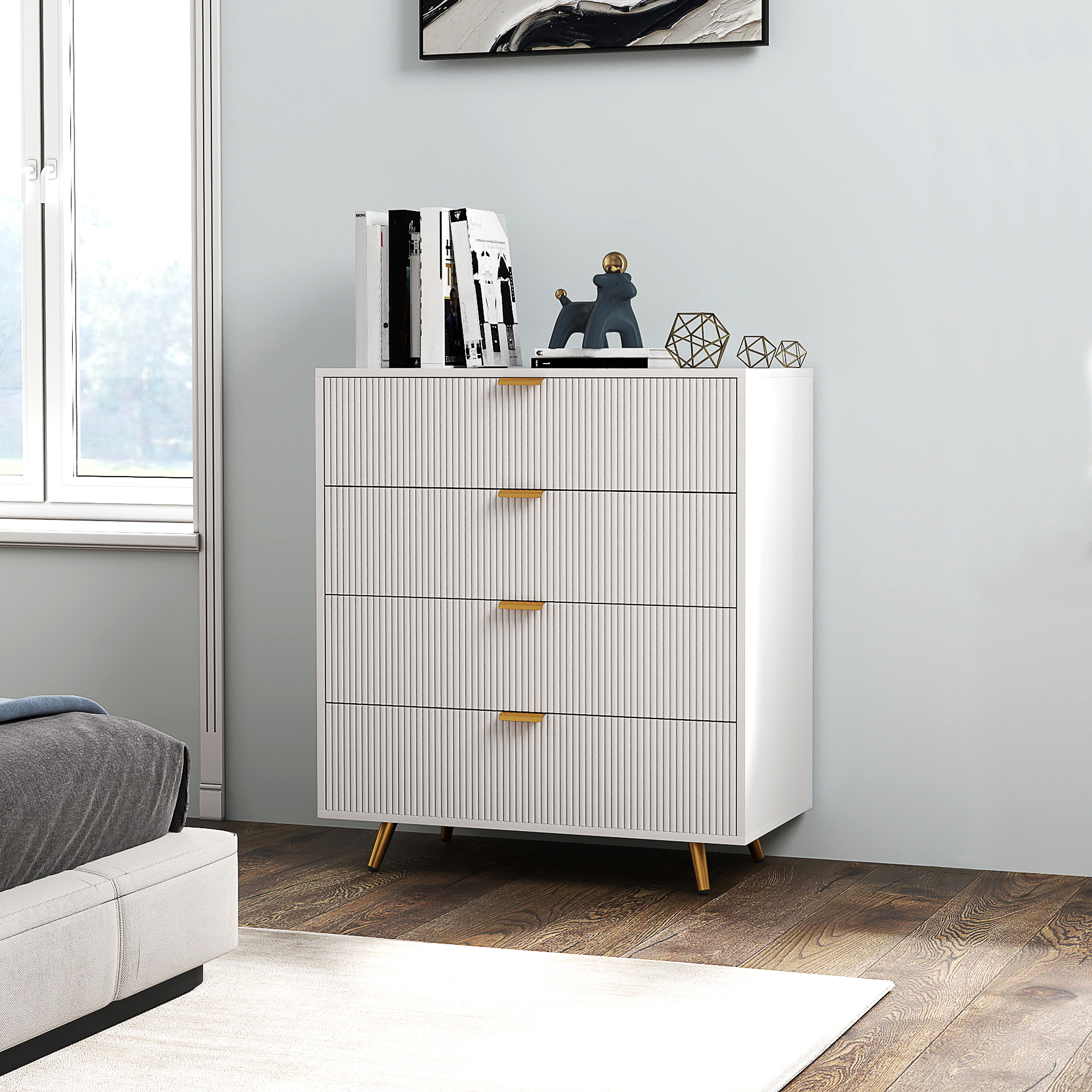 HOMCOM Elegant Four-Drawer Bedside Table White 2