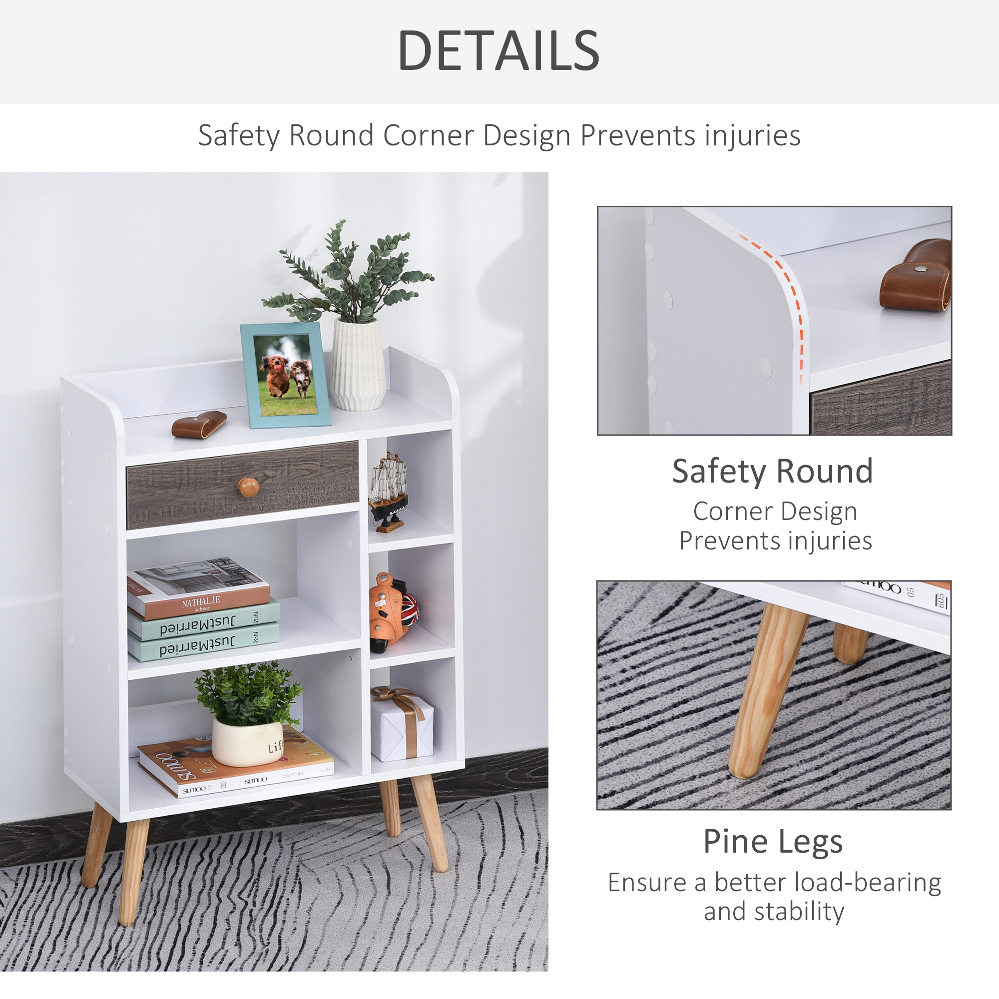 HOMCOM Bookcase, Freestanding Book Shelf with Storage Drawer, 6 Shelves and Wood Legs for Home Office Display, White and Grey, 24D x 60W x 86.8H cm 4