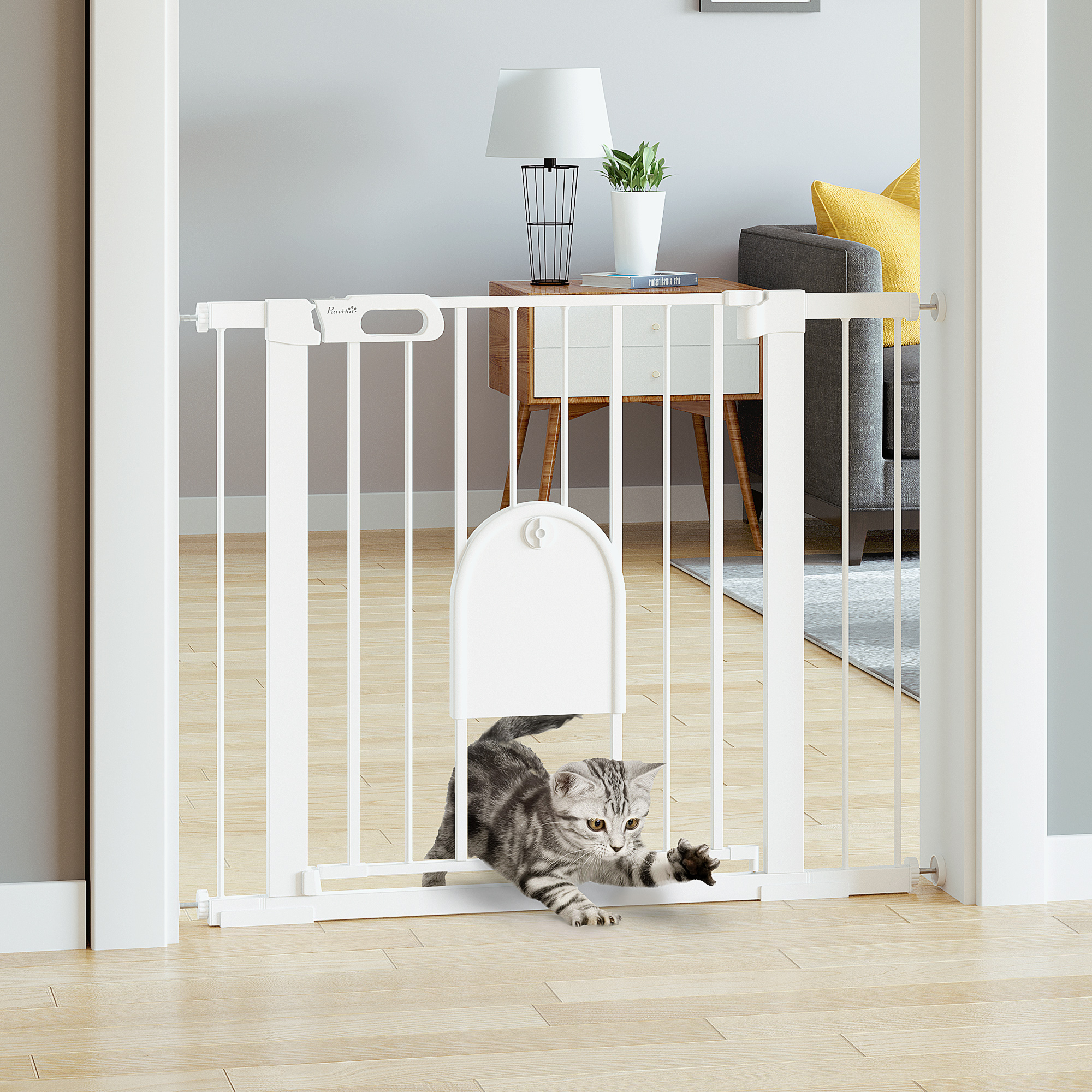 PawHut Dog Gate with Cat Flap Pet Safety Gate Barrier, Stair Pressure Fit, Auto Close, Double Locking, for Doorways, Hallways, 75-103 cm White 2