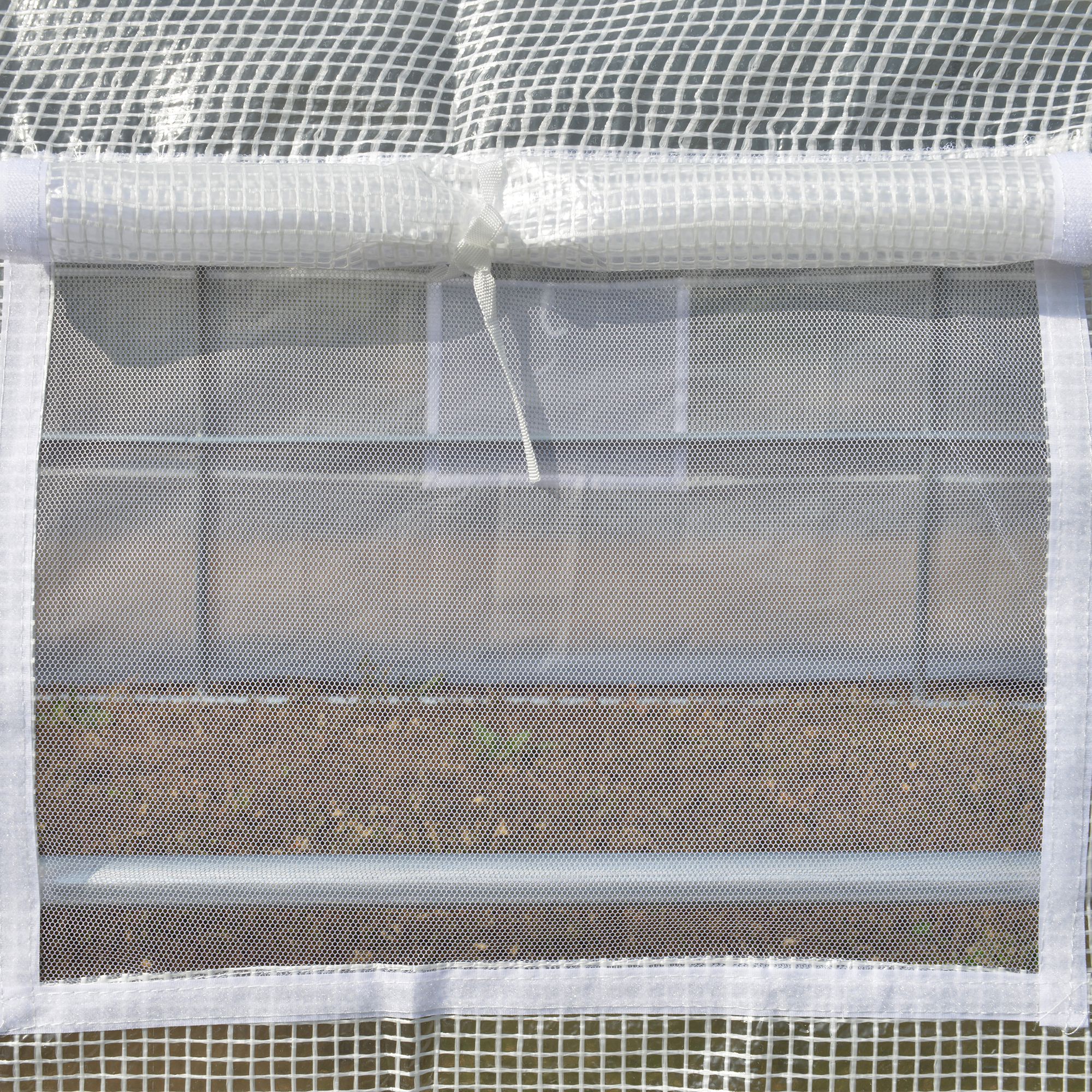 Outsunny 3 x 3 x 2 m Polytunnel Greenhouse with Roll-up Side Walls, Walk-in Grow House Tent with Steel Frame, Reinforced Cover, Zipped Door and 6 Mesh Windows for Garden, White 9