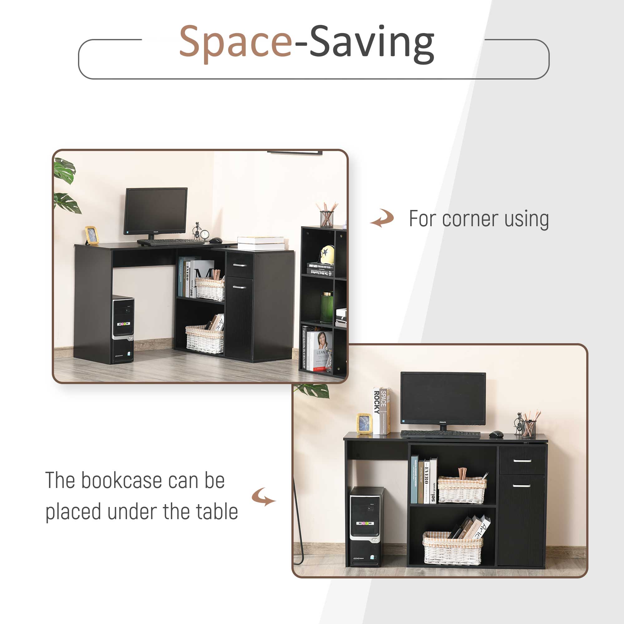 HOMCOM L-Shaped Desk, Corner Computer Desk, Adjustable Study Table with Storage Shelf, Drawer and Cabinet, Workstation for Home Office, Black Wood Grain 4