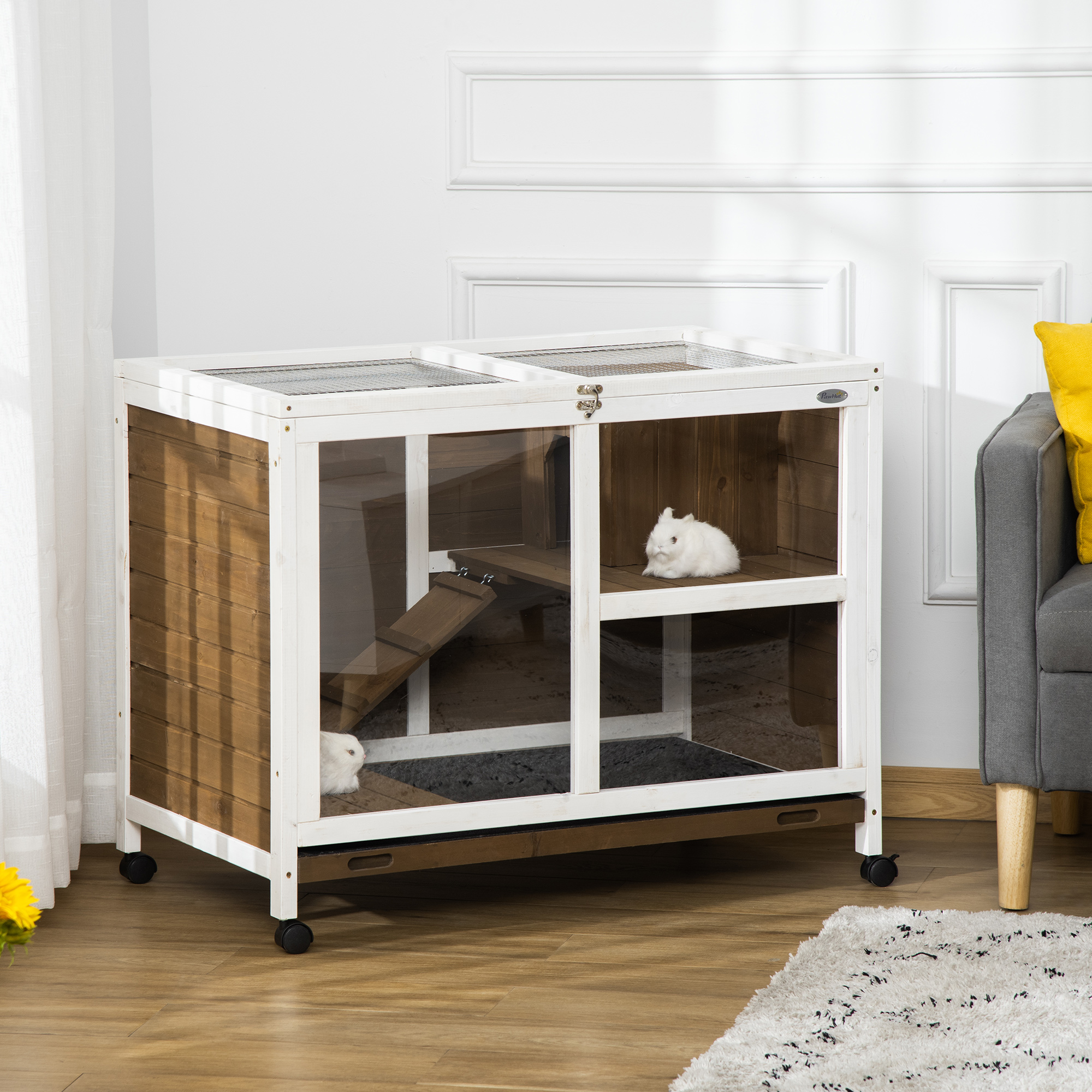 PawHut Wooden Rabbit Hutch, Bunny Cage w/ Tray, Ramp, Openable Roof, Wheels, 91.5 x 53.3 x 73cm Brown 2
