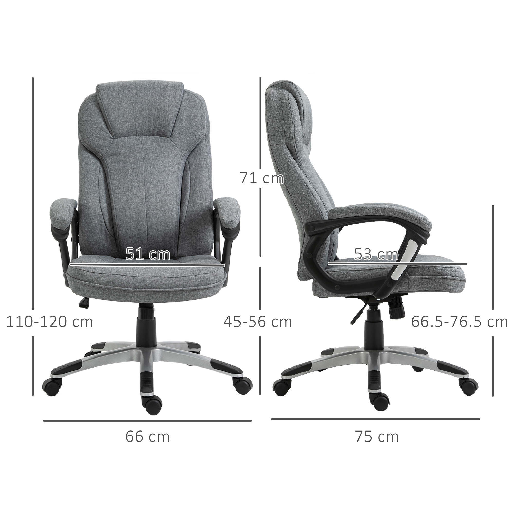 Vinsetto Office Chair, Linen Fabric Desk Chair, Height Adjustable Computer Chair with Padded Armrests, Swivel Wheels and Tilt Function, Grey 3