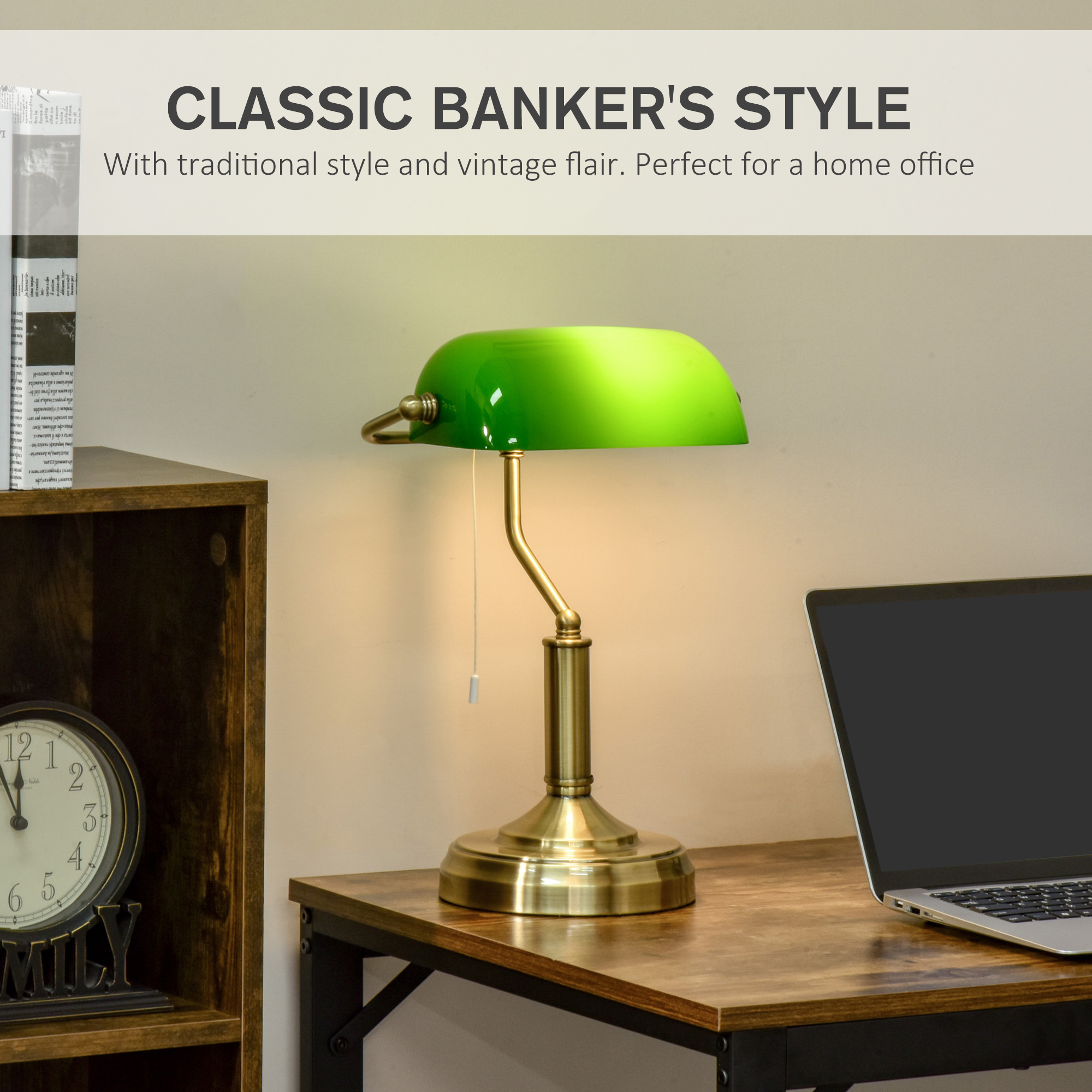 HOMCOM Banker's Desk Lamp with Antique Bronze Tone Base, Table Lamp with Green Glass Shade for Home Office, Green 4