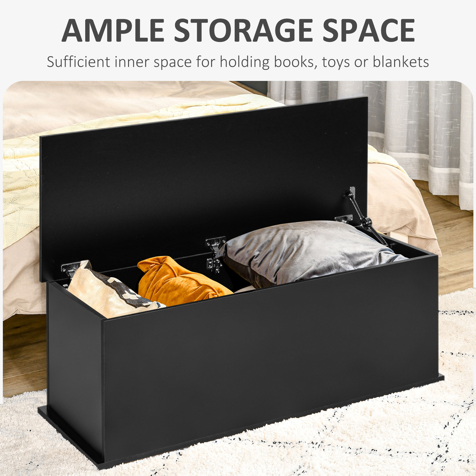 HOMCOM 113L Storage Chest, Storage Box with Flip-Top Lid and 2 Safety Hinges, Storage Trunk for Living Room, Entryway, 100 x 40 x 40 cm, Black 4
