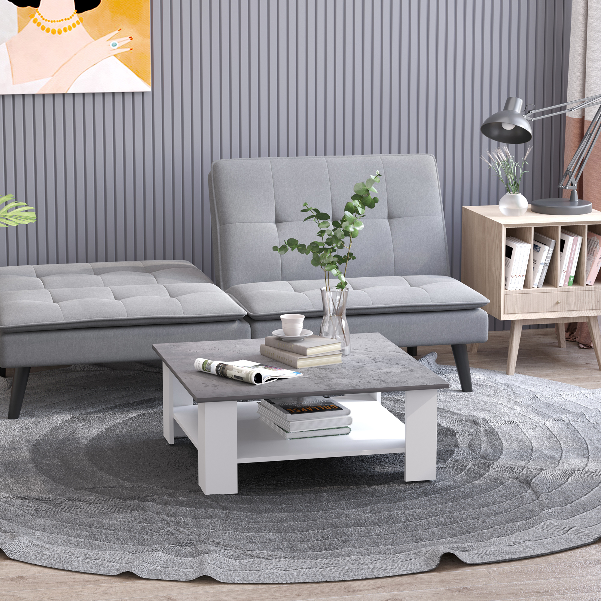 HOMCOM Square Coffee Table, Wooden Coffee Table with Storage, Cocktail Center Tea Table for Home Office, 80W x 80D x 31.5Hcm, Grey and White 4