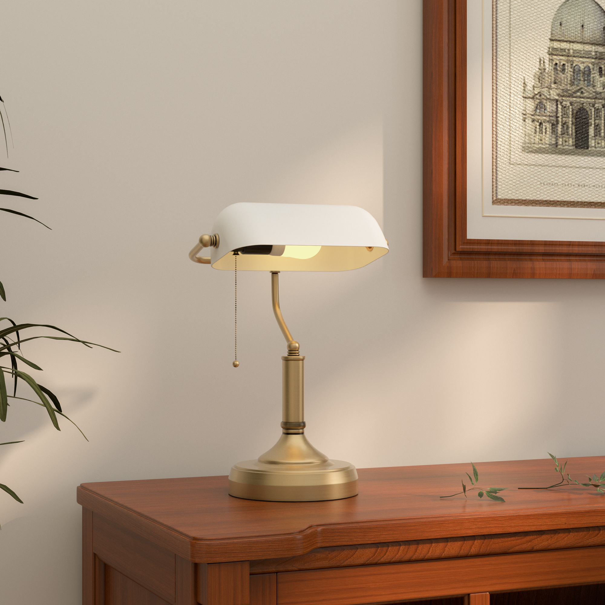 HOMCOM Banker's Desk Lamp with Antique Bronze Tone Base, Table Lamp with White Glass Shade for Home Office, White 2