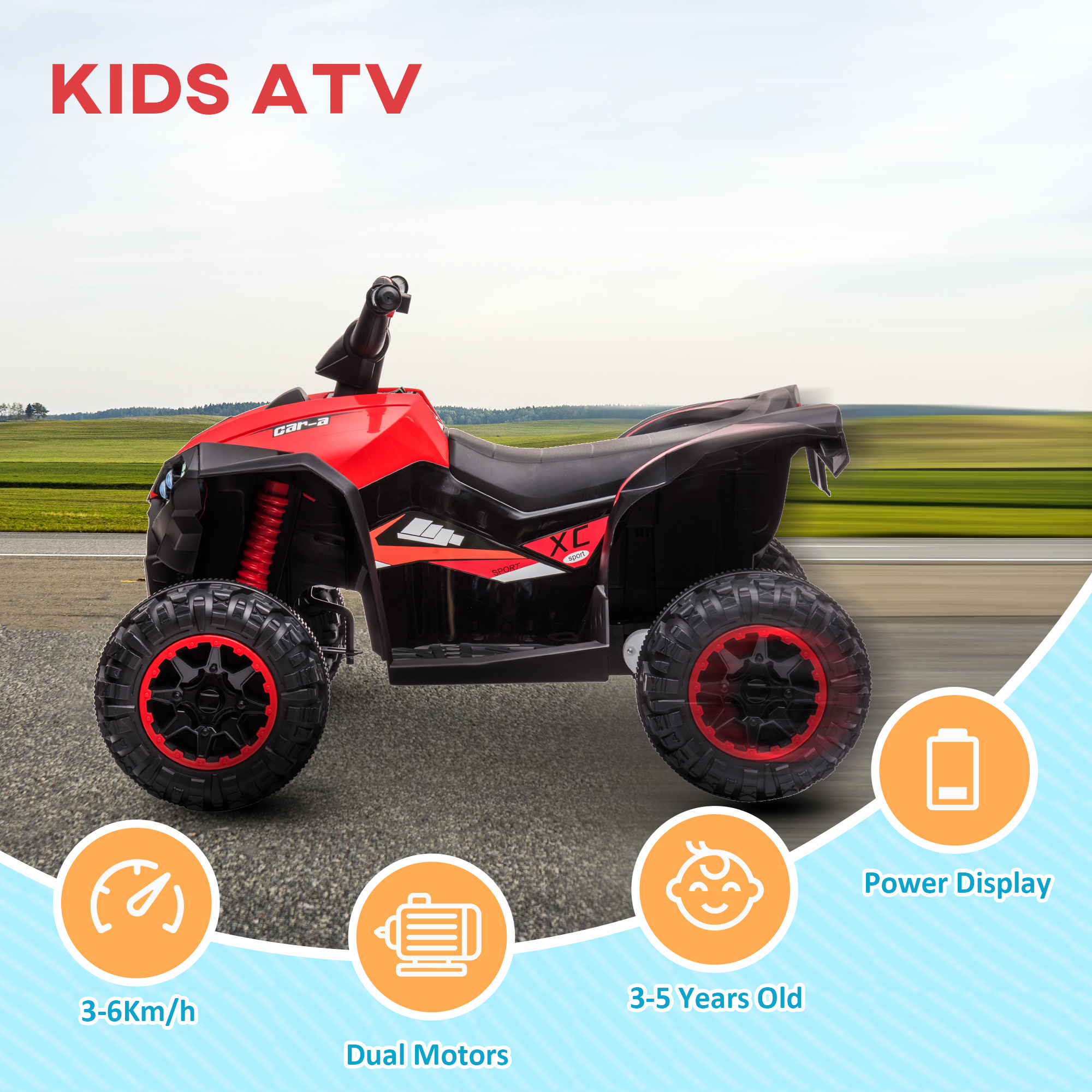 HOMCOM 12V Ride-On Quad Bike w/ Music, Horn, for Ages 3-5 Years Red 4