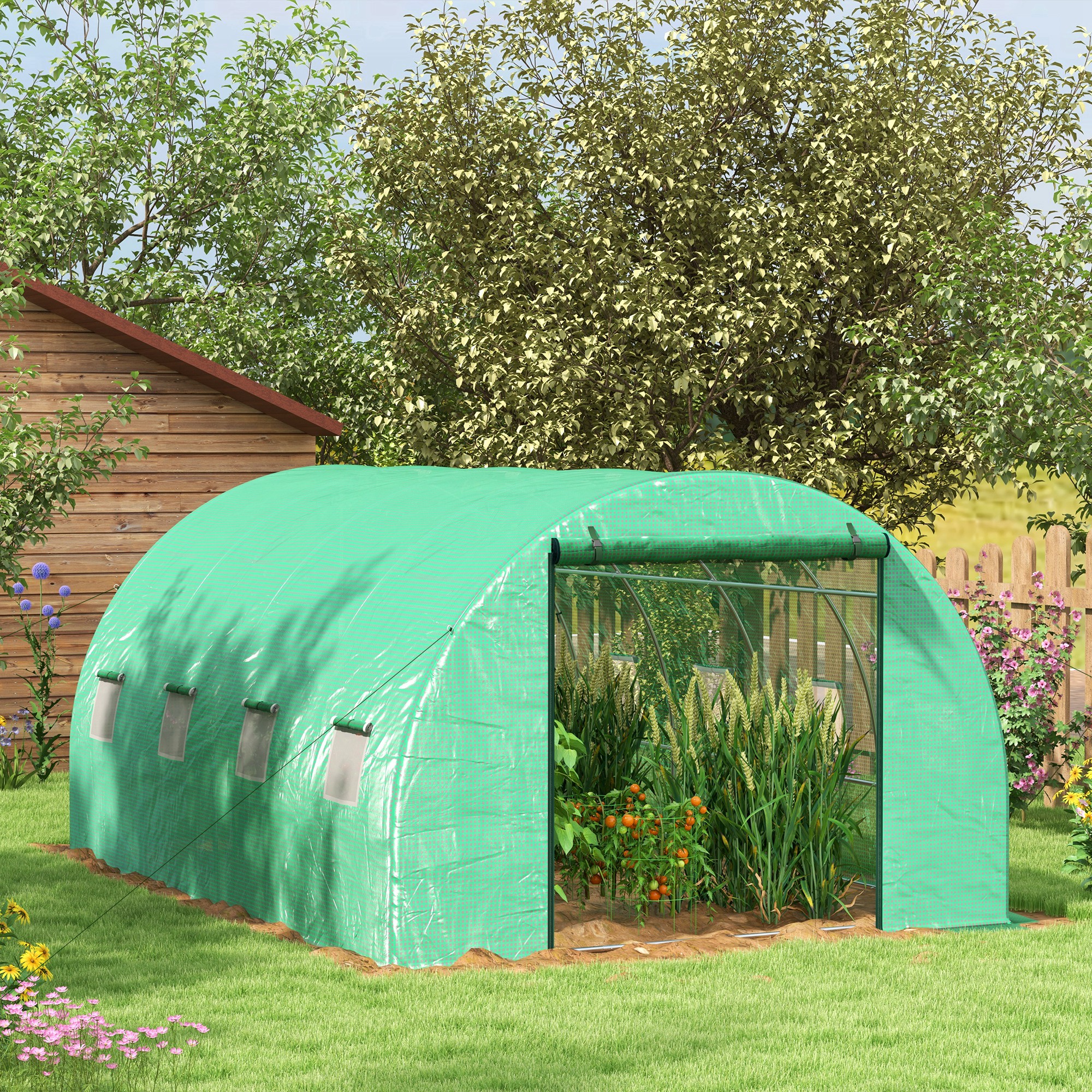 Outsunny Sprinkler System Polytunnel Greenhouse, 4 x 3(m), Green 2