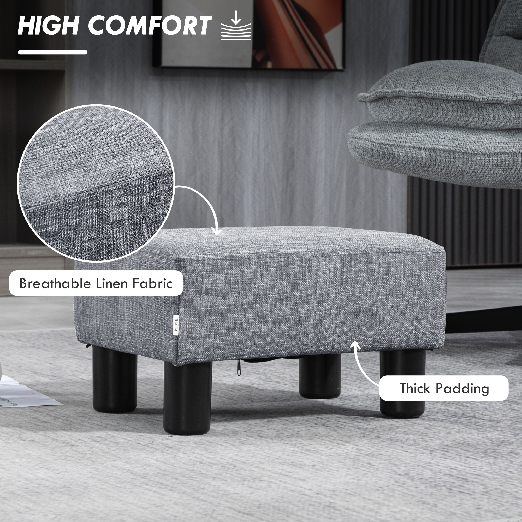HOMCOM Linen Fabric Footstool Ottoman Cube with 4 Plastic Legs, Grey 4