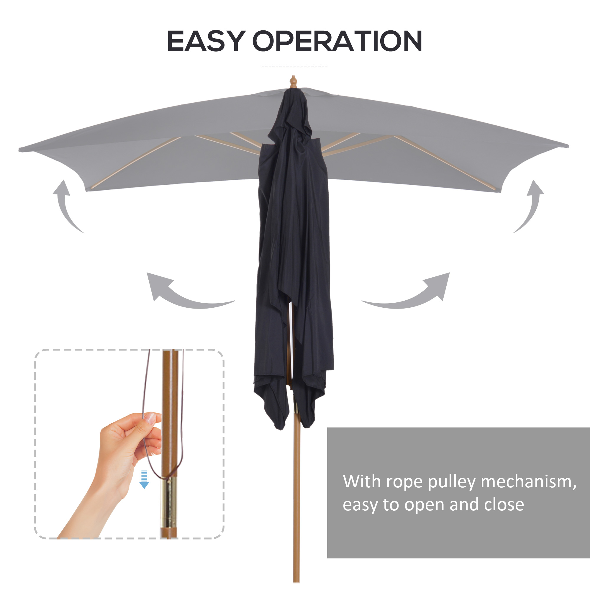 Outsunny 2 x 3m Wooden Garden Parasol Umbrella Outdoor Sun Shade Canopy, Black 4
