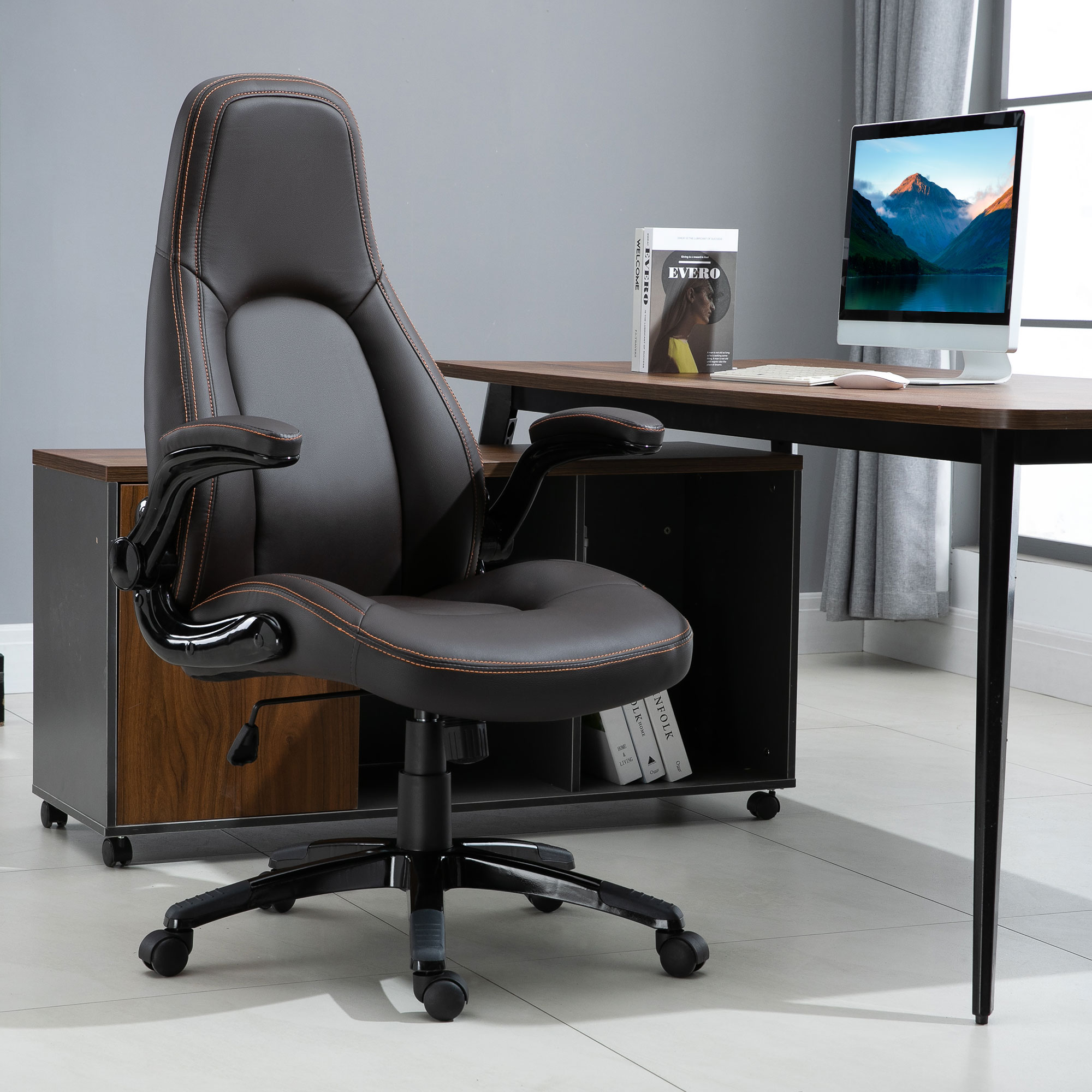 Vinsetto Computer Gaming Chair, PU Leather Office Chair, Swivel Desk Chair with Adjustable Arms and Height, Padded Armrest and Seat, Rolling Wheels, Coffee 2