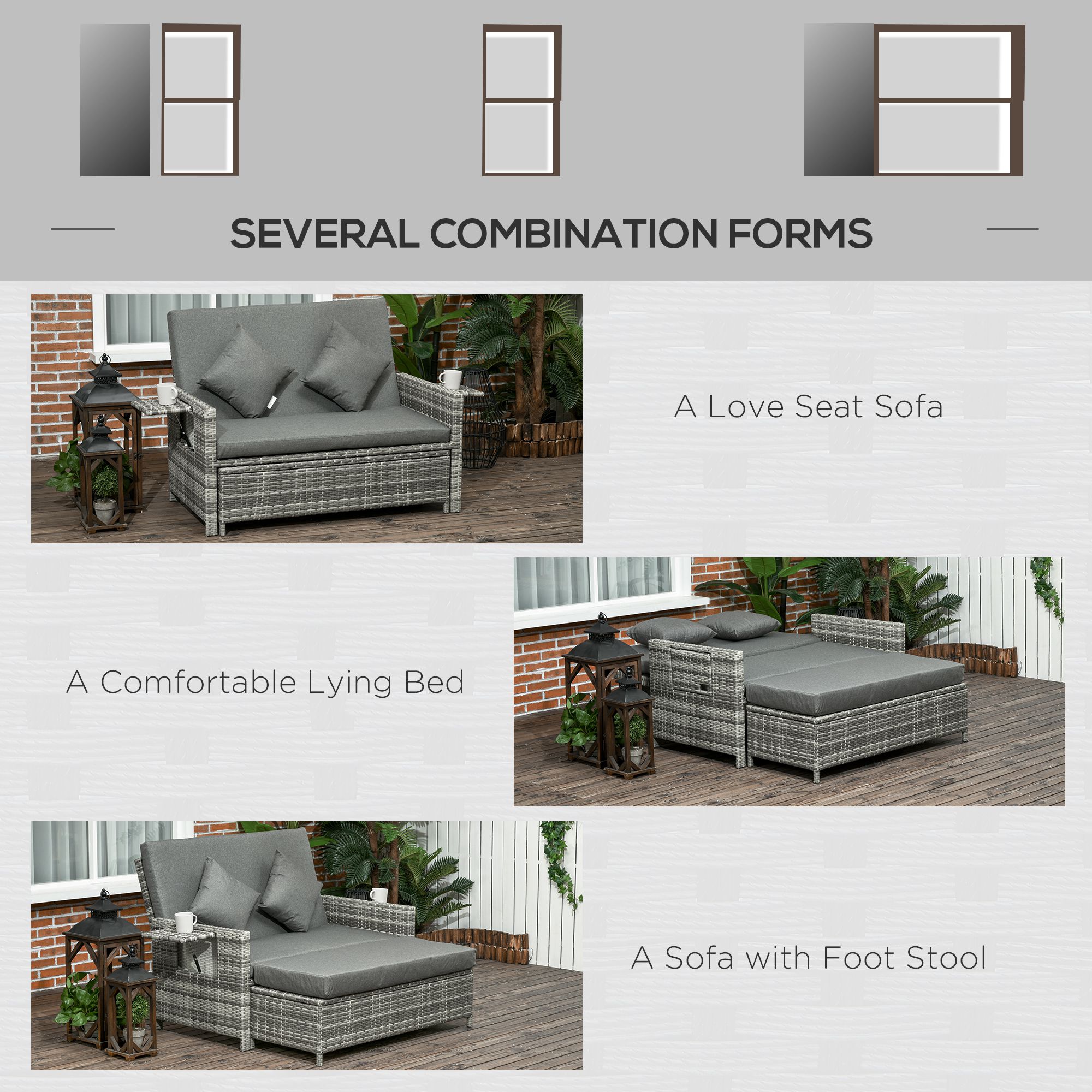 Outsunny Rattan Garden Daybed, Assembled Double Sun Lounger with 5-Level Adjustable Back, Storage Ottoman, Cushions, Pillows and Retractable Trays, Outdoor Loveseat Sofa Bed for Patio, Mixed Grey 5