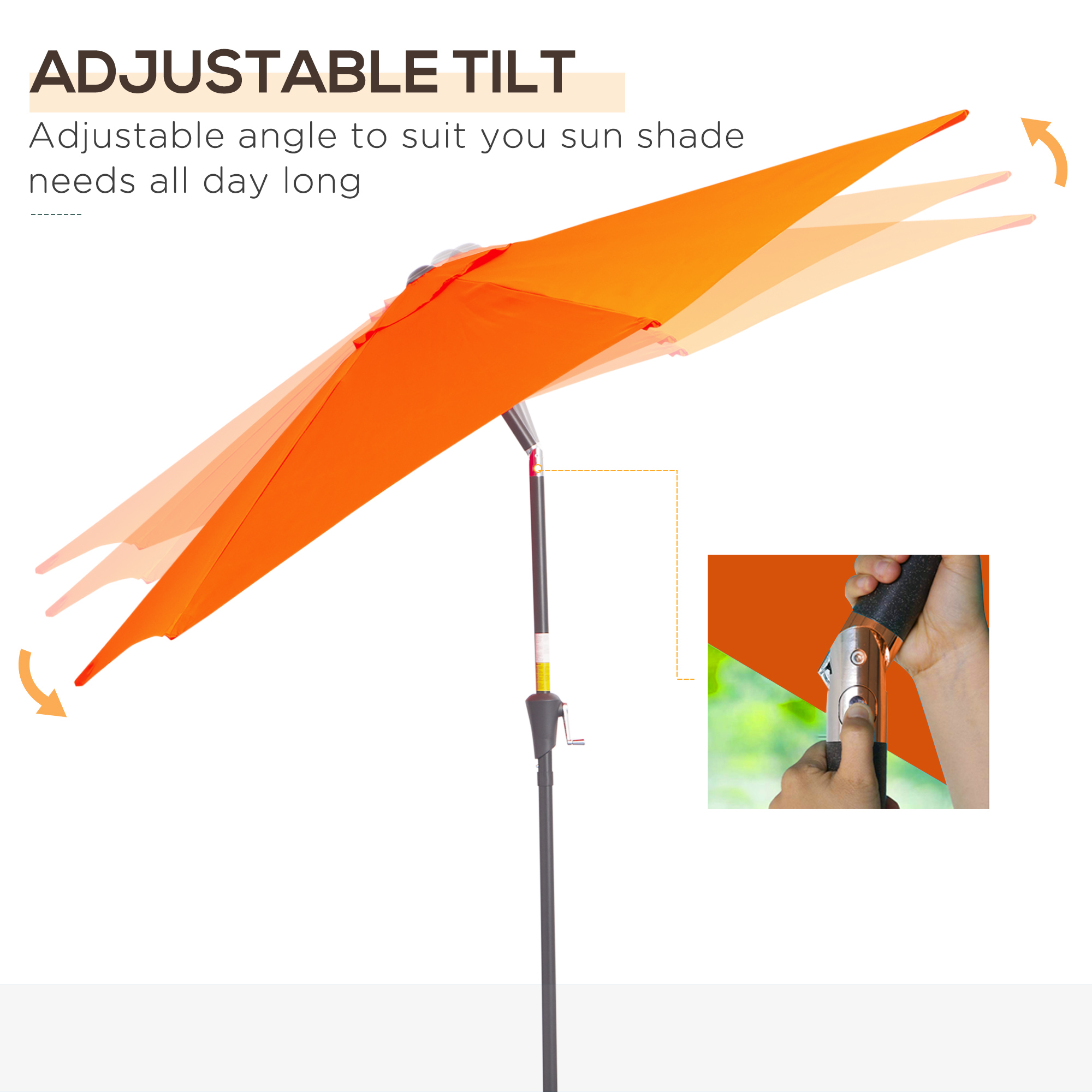 Outsunny 2.6M Garden Parasol Umbrella with Tilt and Crank, Outdoor Sun Parasol Sunshade Shelter with Aluminium Frame, Orange 4