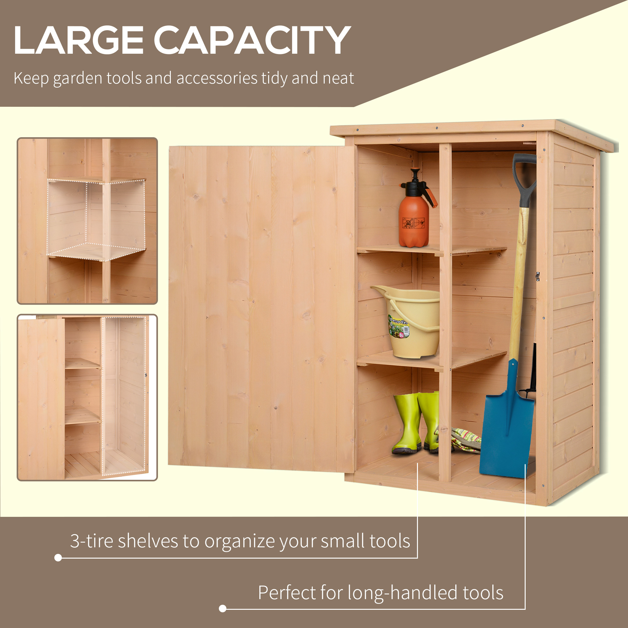 Outsunny Wooden Small Shed, Garden Storage Shed with Shelves and Bolt Latch, 75L x 56W x115H cm, Natural 4