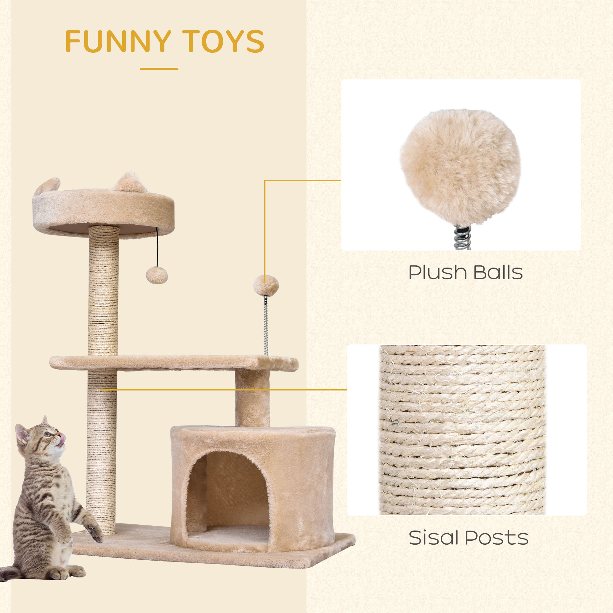 PawHut Cat Tree for Indoor Cats with Scratching Post Climbing Tower Kitty Activity Centre Condo Perch Jumping Platforms Beige 60L x 40W x 81H cm 6