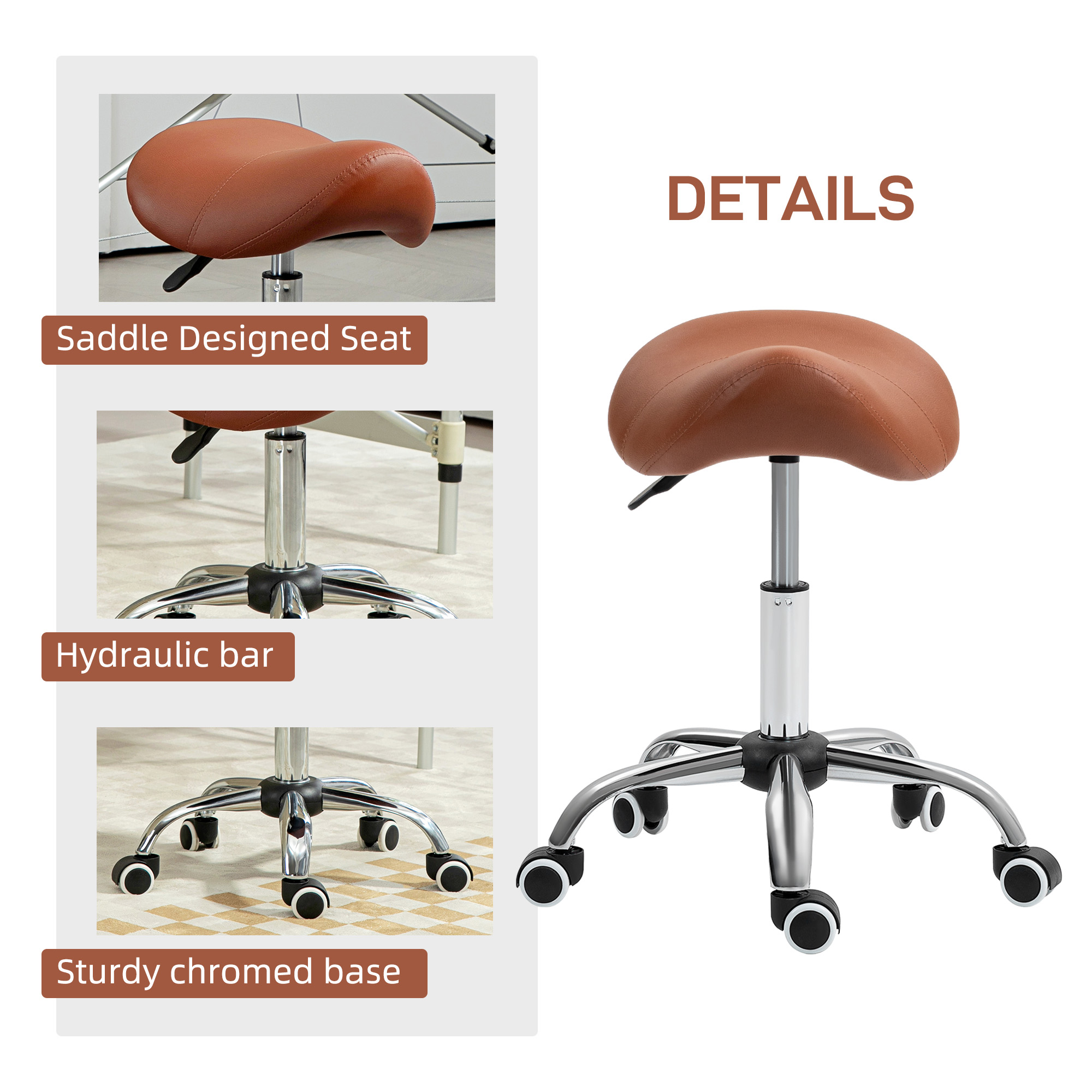 HOMCOM Saddle Stool, Height Adjustable Salon Chair for Massage Spa, Faux Leather, Brown 6